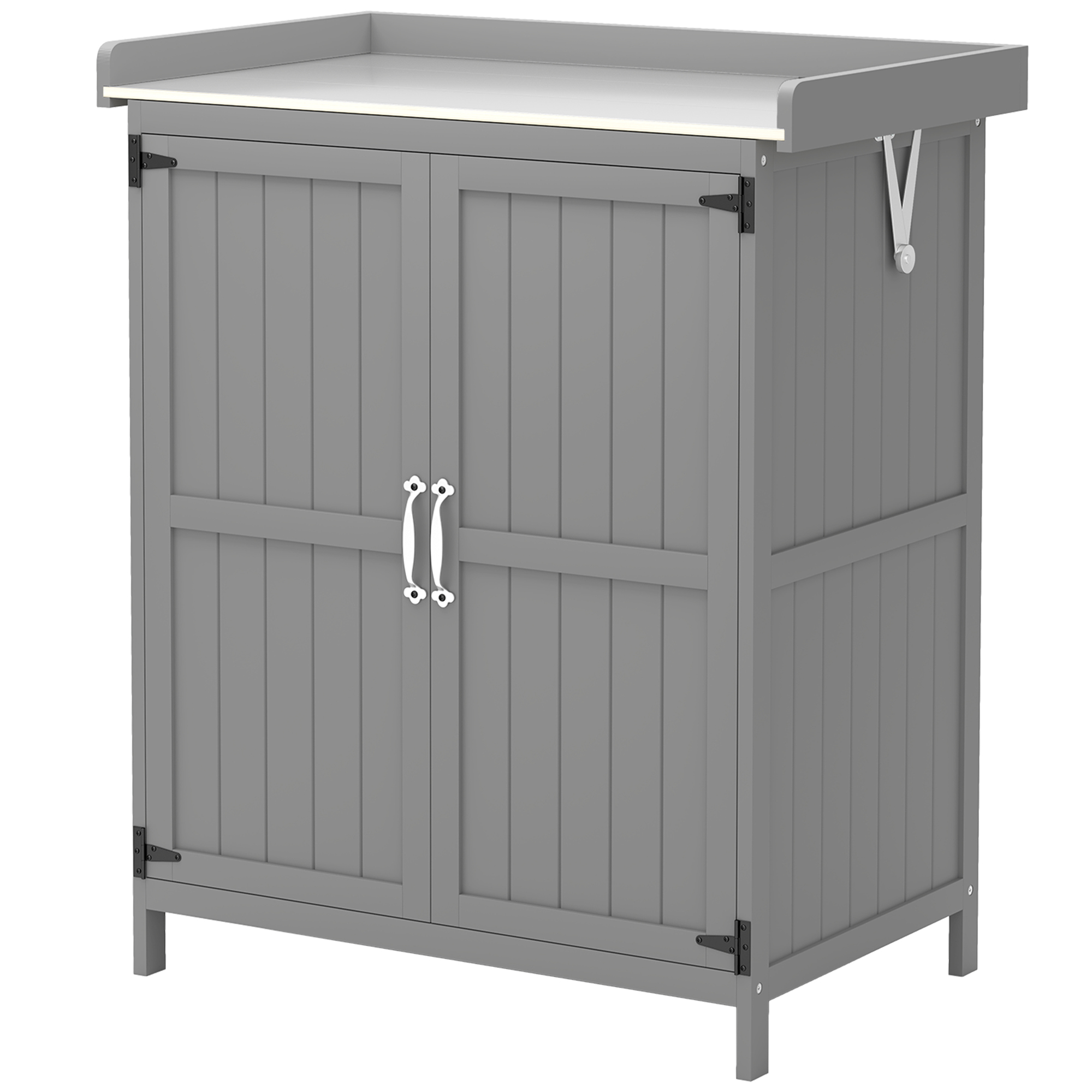 Gartenschrank, Werkzeugschrank für den Außenbereich, mit Arbeitsfläche, Holz und Edelstahl, Doppeltüren, Grau Gartenschrank, Werkzeugschrank für den Außenbereich, mit Arbeitsfläche, Holz und Edelstahl, Doppeltüren, Grau