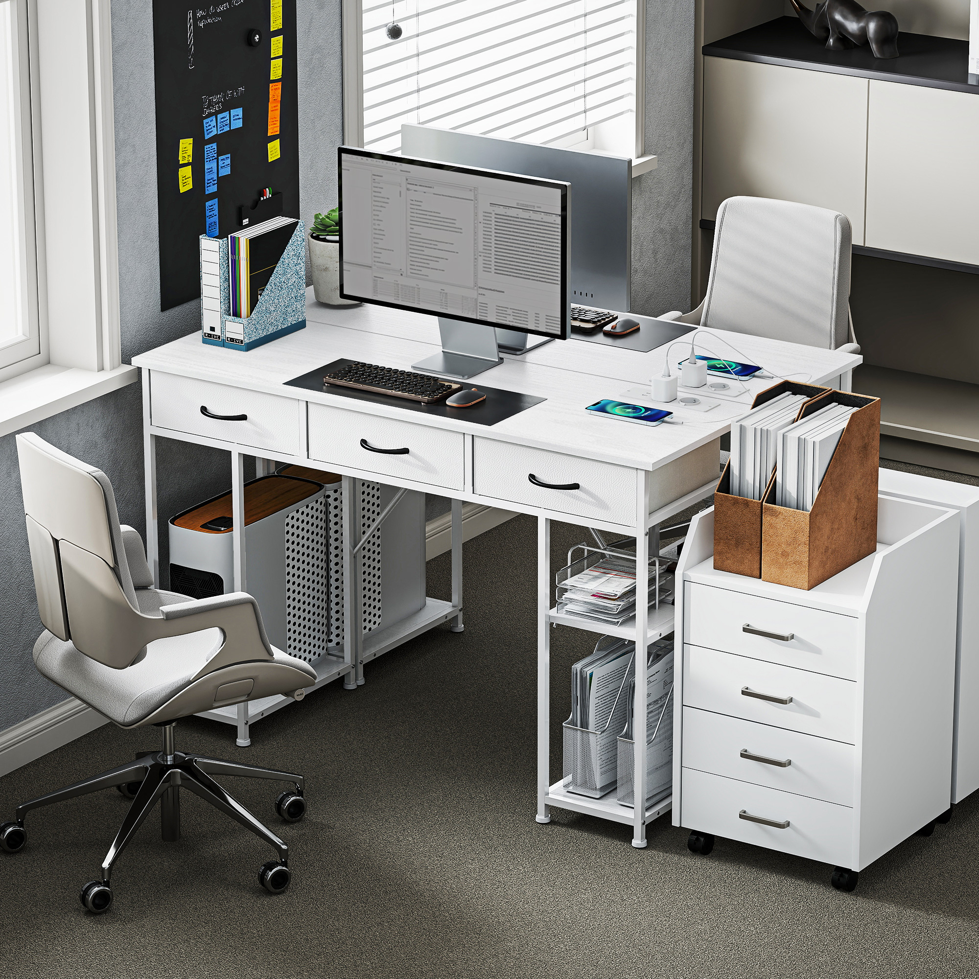 Schreibtisch Küchentisch mit 2 USB-Ladeanschlüssen 2 Steckdosen verstellbare Regale 3 Stoffschubladen 120x40x76 cm Weiß