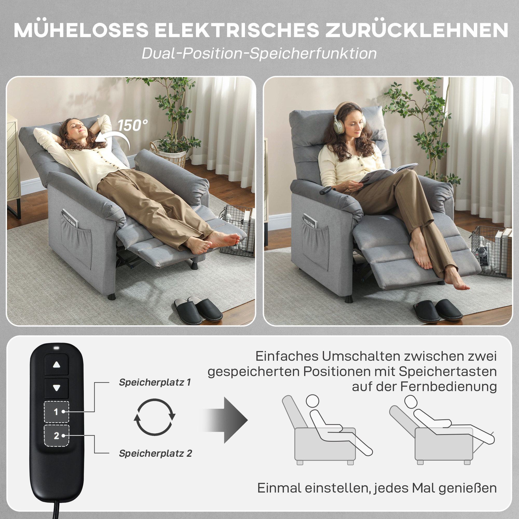 Relaxsessel, Fernsehsessel mit Liegefunktion, Lendenheizung, 2 Fernbedienungen, USB-Anschluss, Leisem Motor, Grau