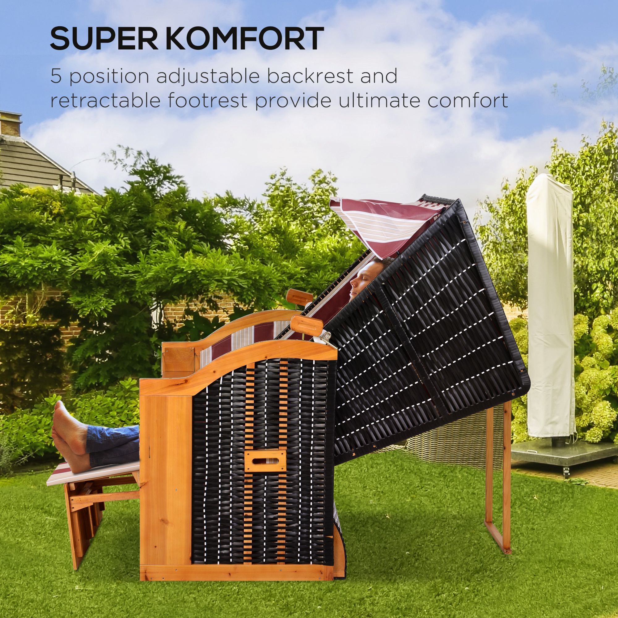 Strandkorb Ostsee Volllieger 2-Sitzer Strandkörbe aus Tannenholz, 5-stufige verstellbare Rückenlehne, Strandkorb mit Fußbänkchen Seitentische, PE Geflecht, Strandstuhl für Balkon, Rot+Weiß