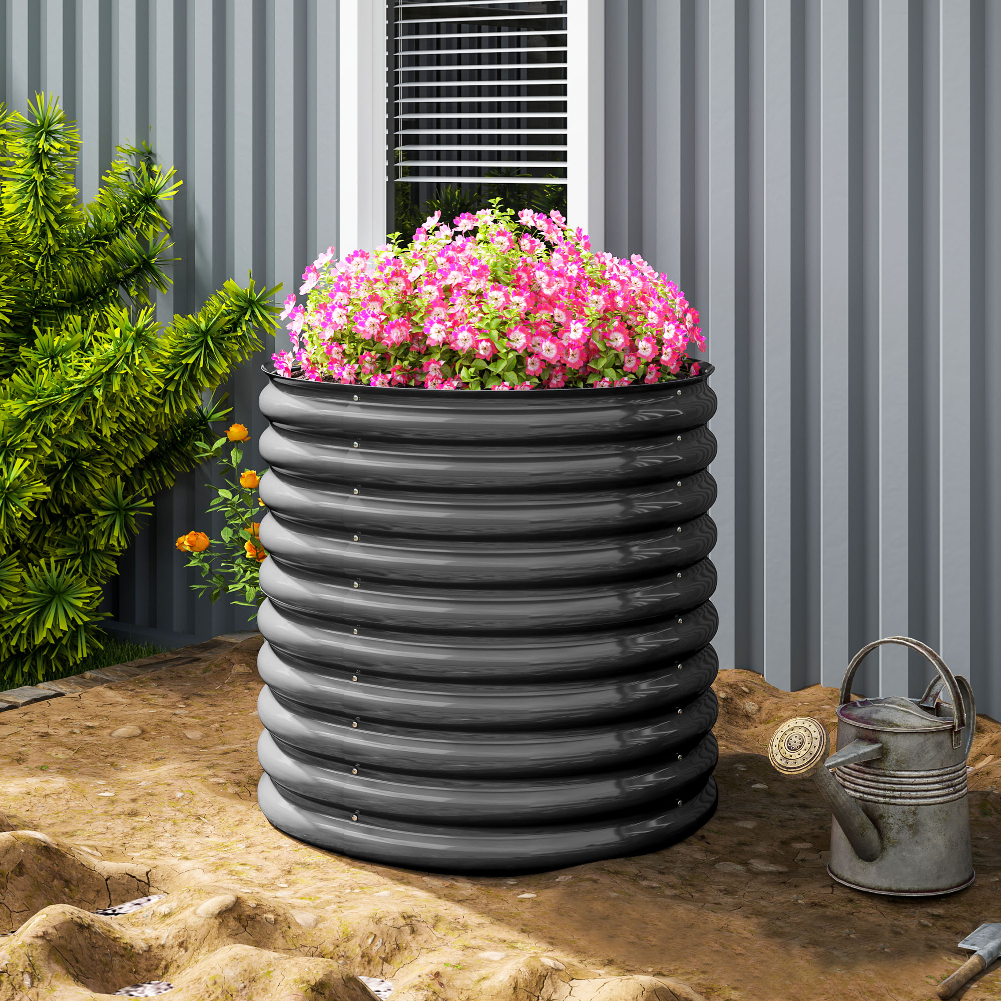 Pflanzkübel, Metall-Blumenkübel mit Sicherheitskante und Handschuhen, offener Boden, 160B x 80T x 80H cm, Dunkelgrau