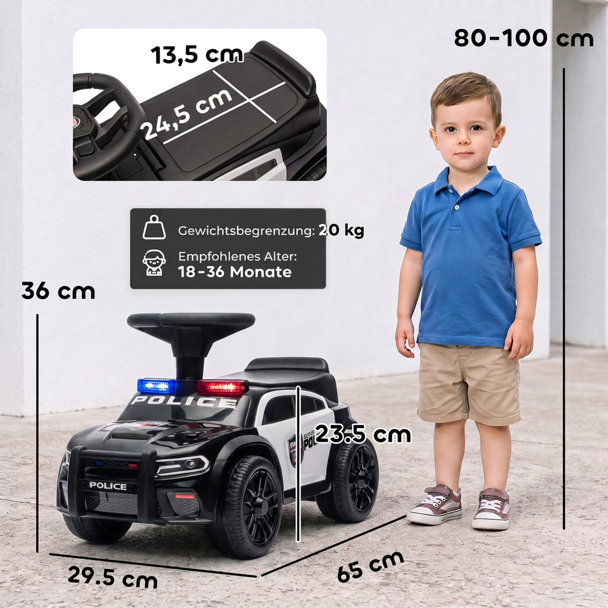Rutschauto Kinder Polizei Rutschfahrzeug mit Musik Licht Anti-Kipp-Schutz & Stauraum unter dem Sitz 18-36 Monate Schwarz