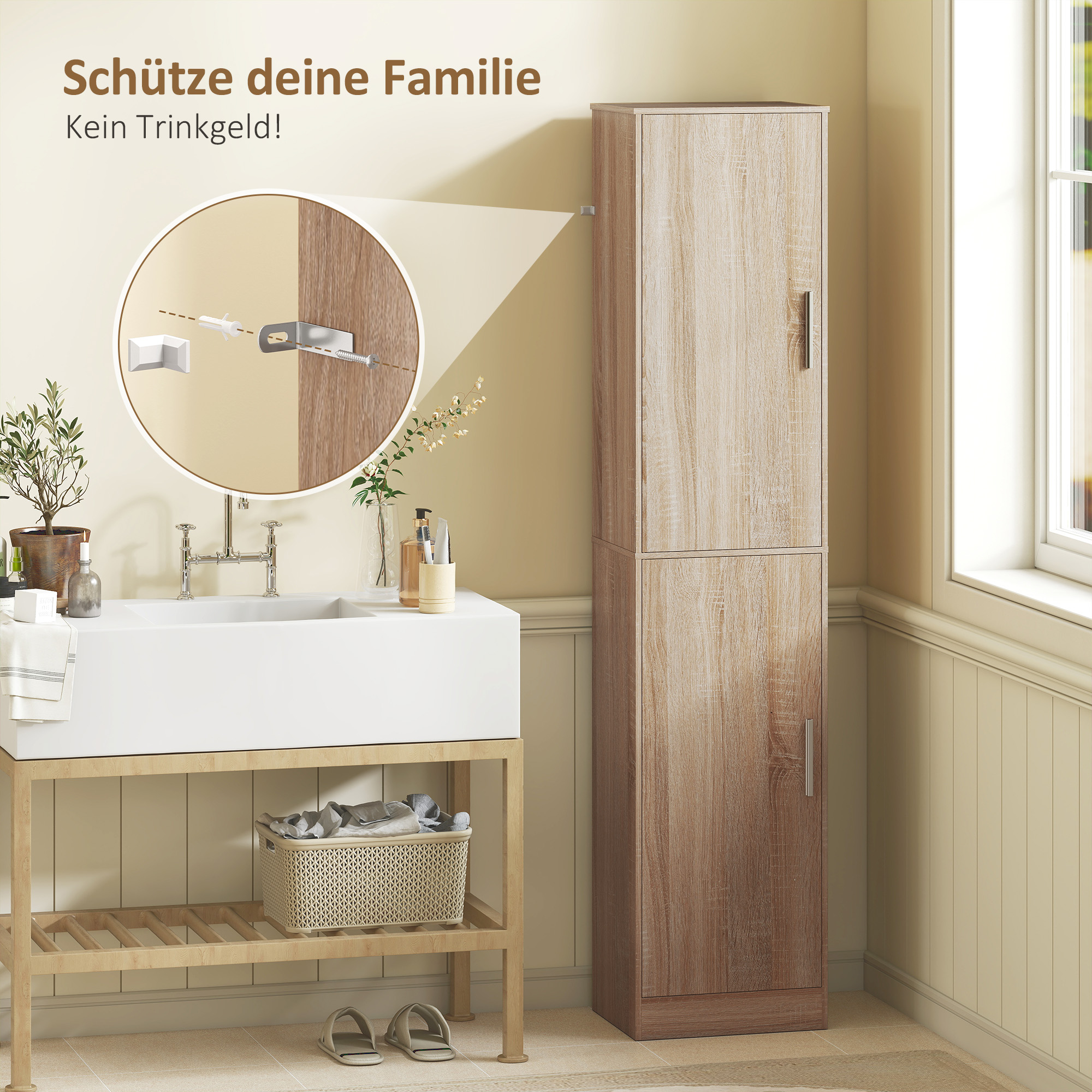 180 cm hoher Badezimmerschrank, schmaler Badschrank mit 2 Türen, 4 verstellbare Regale, Spanplatte, MDF, Naturholz