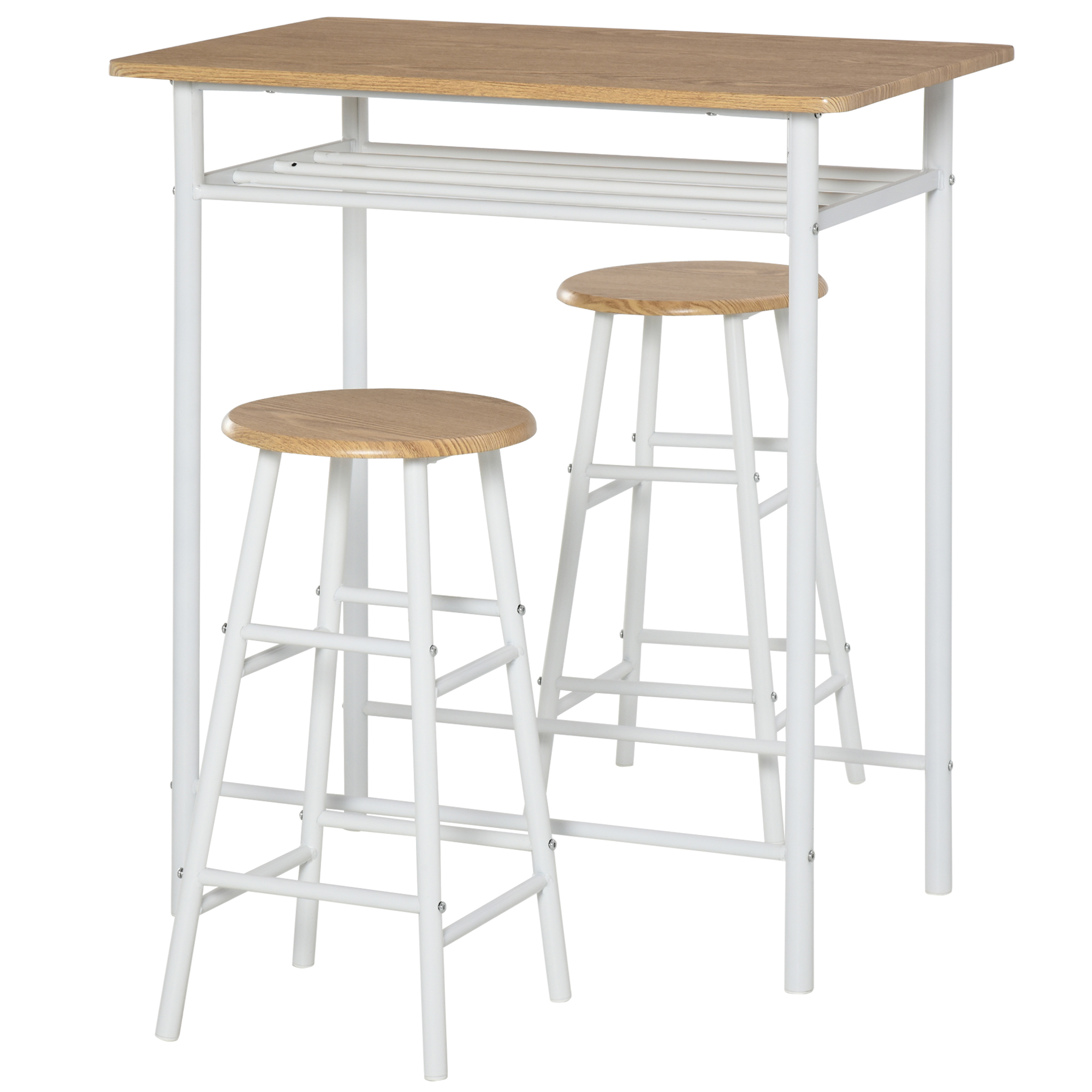 Bartisch Set Bartisch mit 2 Barhockern Essgruppe Küchentisch mit Lagerregal Esstisch für Esszimmer, Küche, Weiß