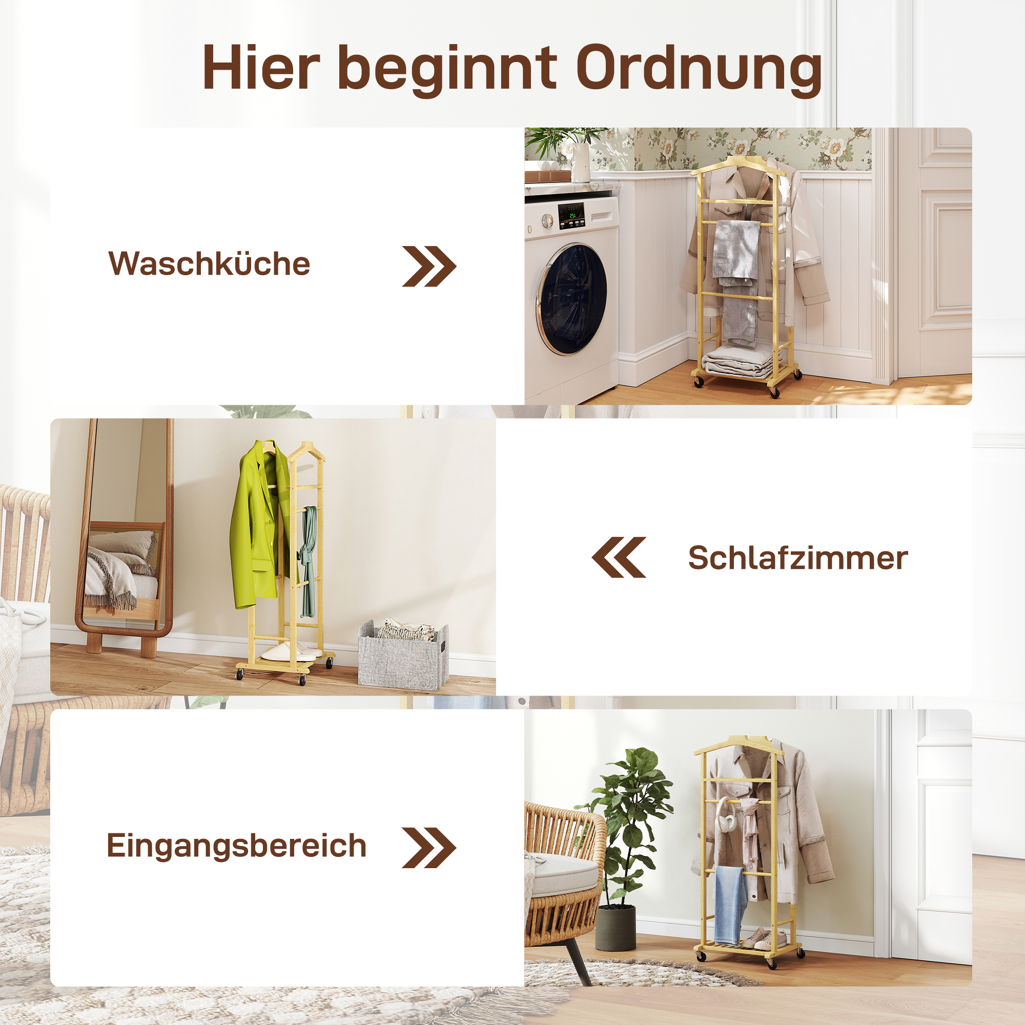 Kleiderständer mit Rollen, Garderobenständer mit Doppelstangen aus Bambus, Schuhablage, Ablagetablett, Hosenhalter