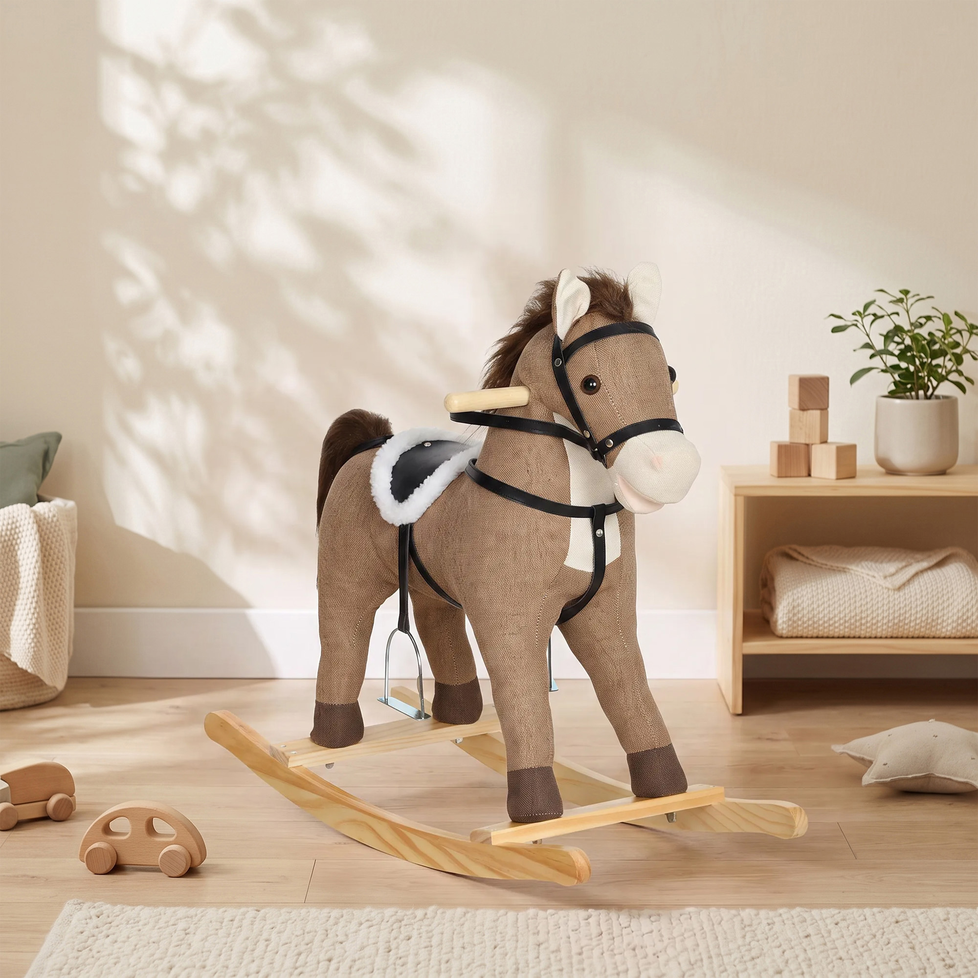 Schaukelpferd mit Sound und Sicherheitsgriffen, Reitpferd mit Holzgestell für Kleinkinder von 12–36 Monaten, Dunkelbraun