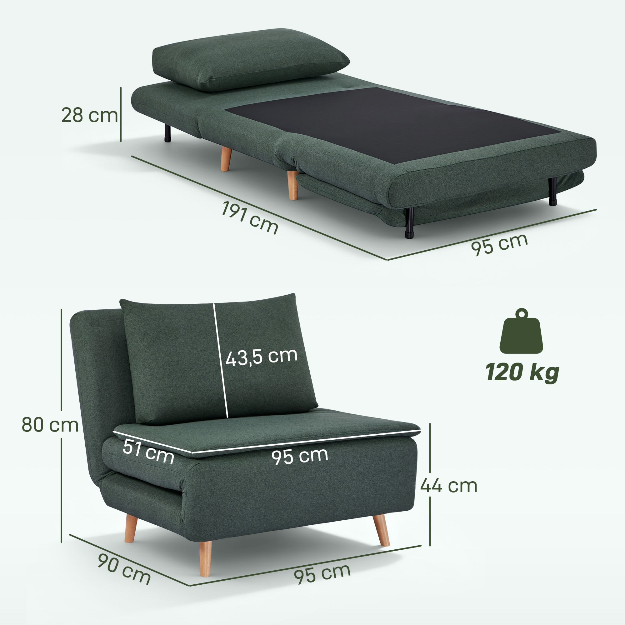 3-in-1 Schlafsessel mit Bett-Funktion, Liegesessel, verstellbare Rückenlehne, Buchenholzbeine, Kissen, Dunkelgrün