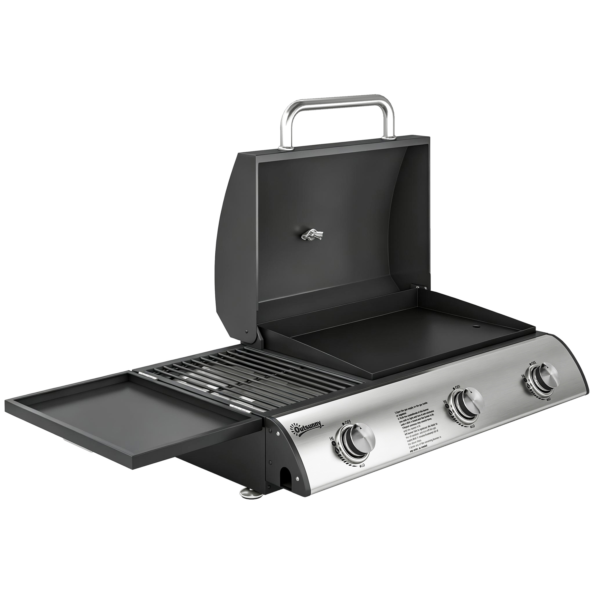 Gasgrill 7,5 KW Tragbarer Tischgrill mit 3 Brenner Seitentisch Bratenplatte Emaille-Grillroste Fettauffangschale