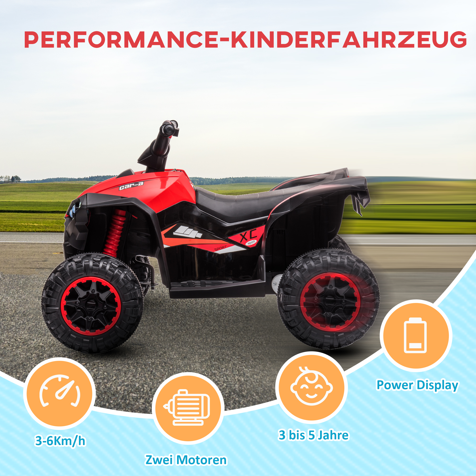 Elektro-Kinderquad, LED-Scheinwerfer, MP3-Player, Stoßdämpfer, ergonomischer Sitz, Rot+Schwarz