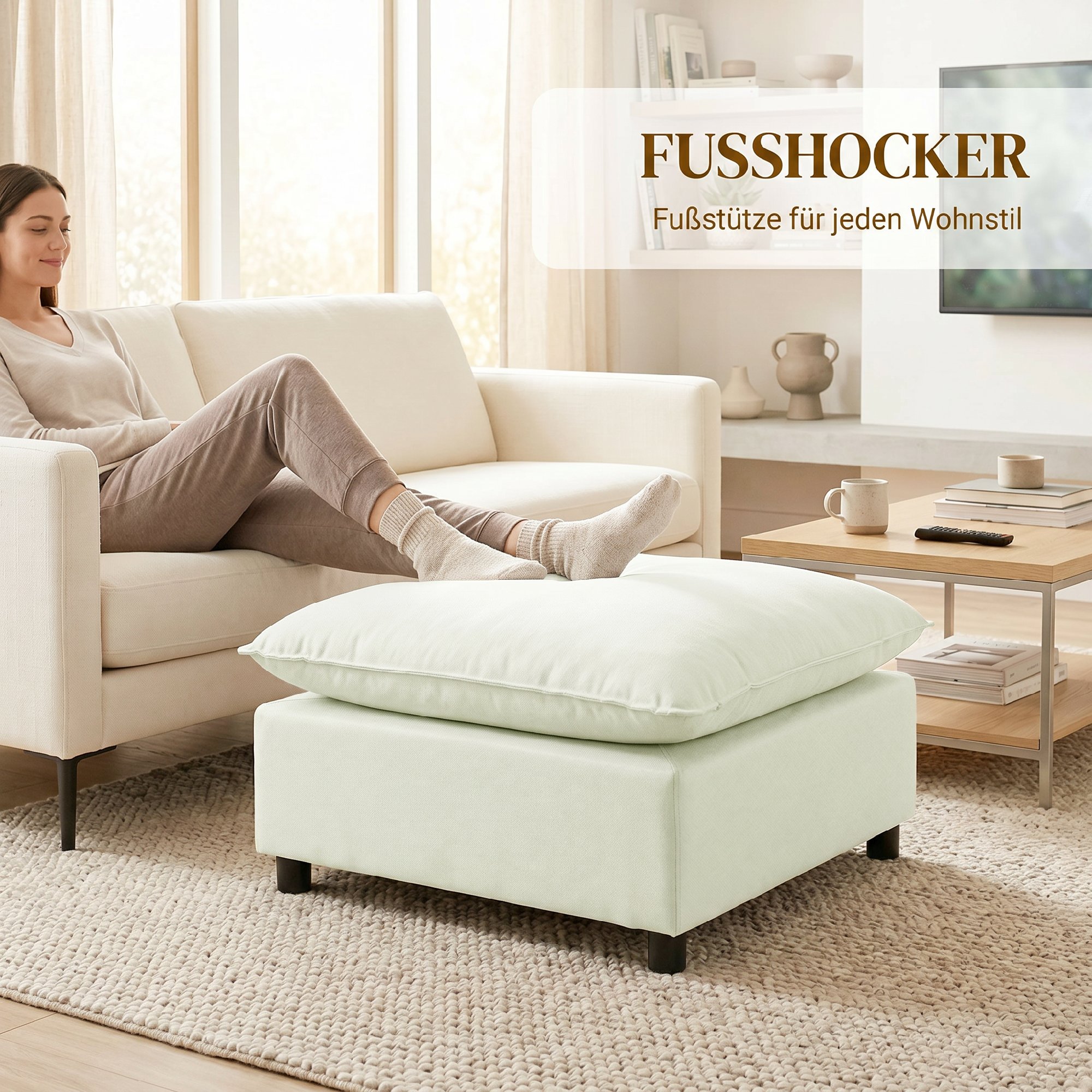 Fußhocker moderner Stoff-Ottomane mit Kunststoffbeinen für Wohnzimmer und Schlafzimmer, 75 cm, Cremeweiß