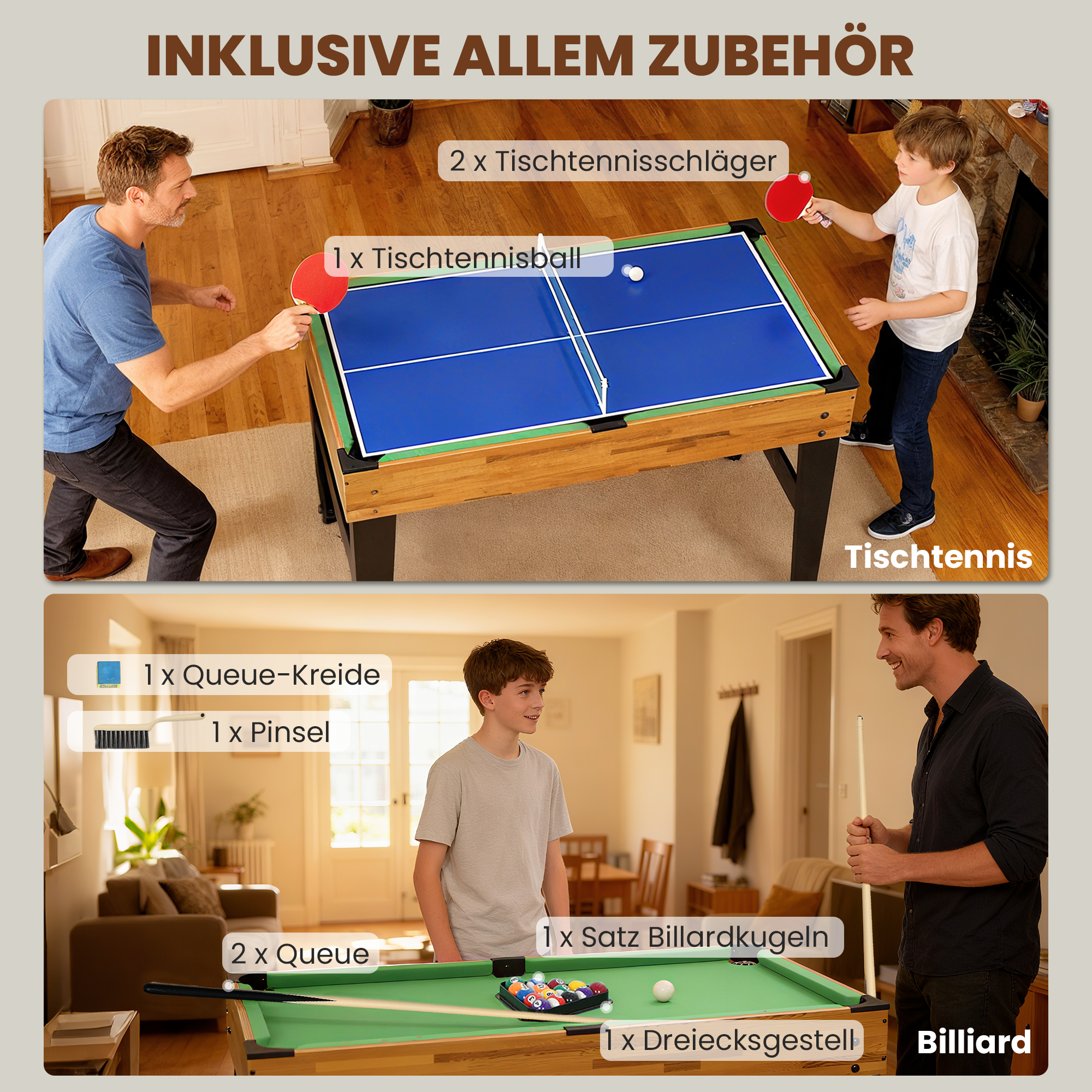 13-in-1 Spieletisch, Tischfußball, Schach, Billard, Tischtennis und mehr, MDF, Kunststoff, Walnuss