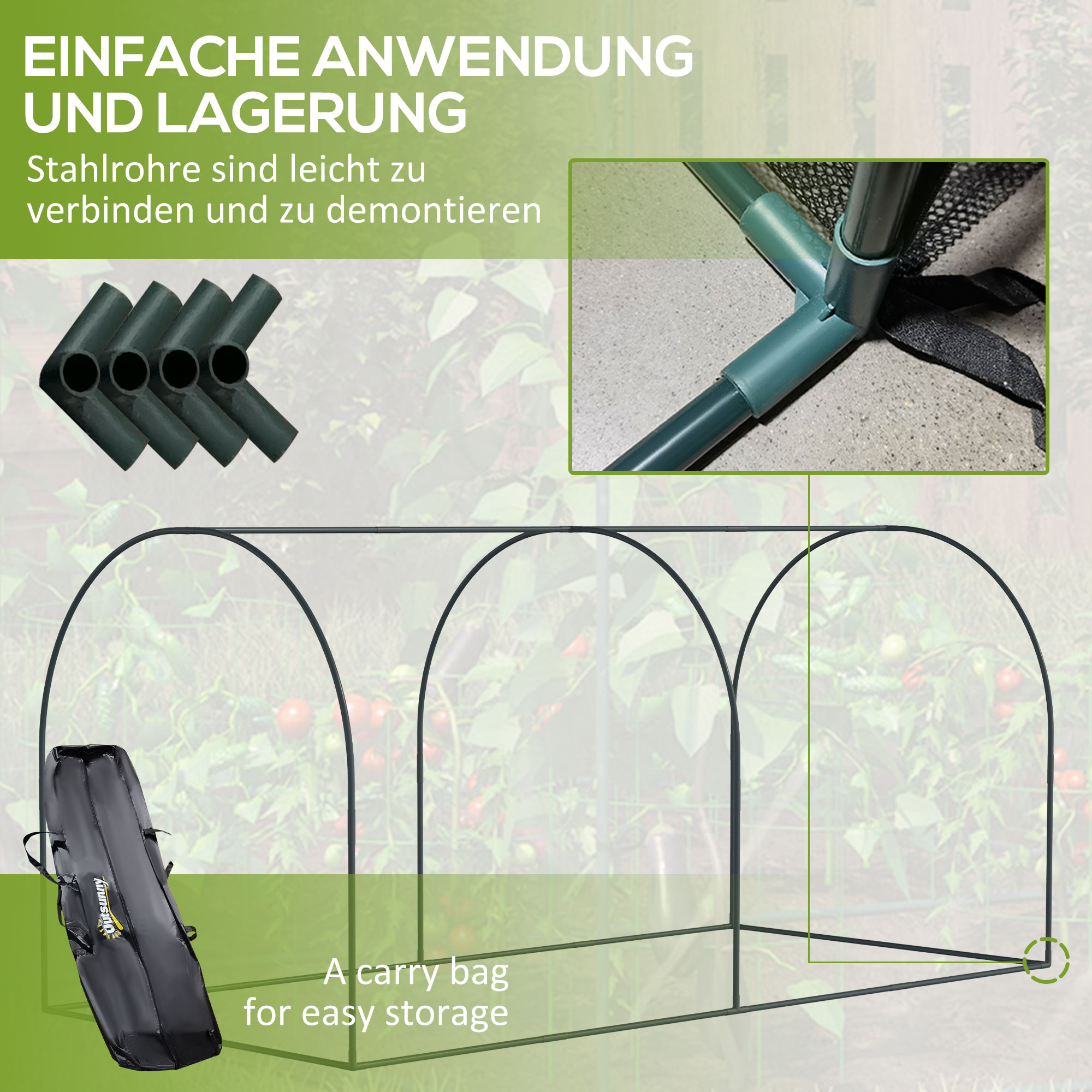 Pflanzenschutznetz, 2 aufrollbare Türen, Stahlrahmen, inkl. Tragetasche, dunkelgrün, 2,49 x 1,2 x 1,2m