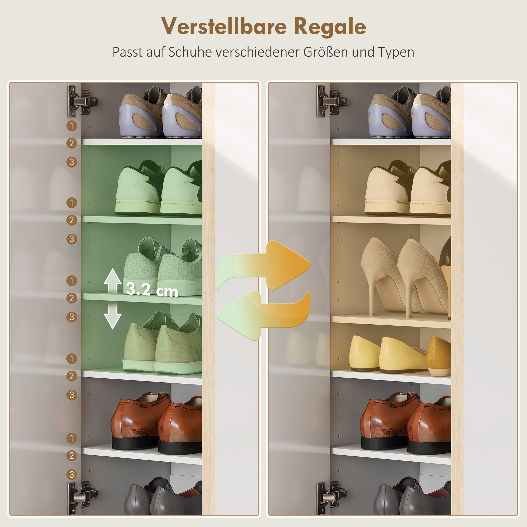 Schuhschrank mit Soft-Close-Funktion, 6-stufiges Design ohne Griffe, fasst bis zu 18 Paare, für Flur, Eingangsbereich, Holz, Weiß