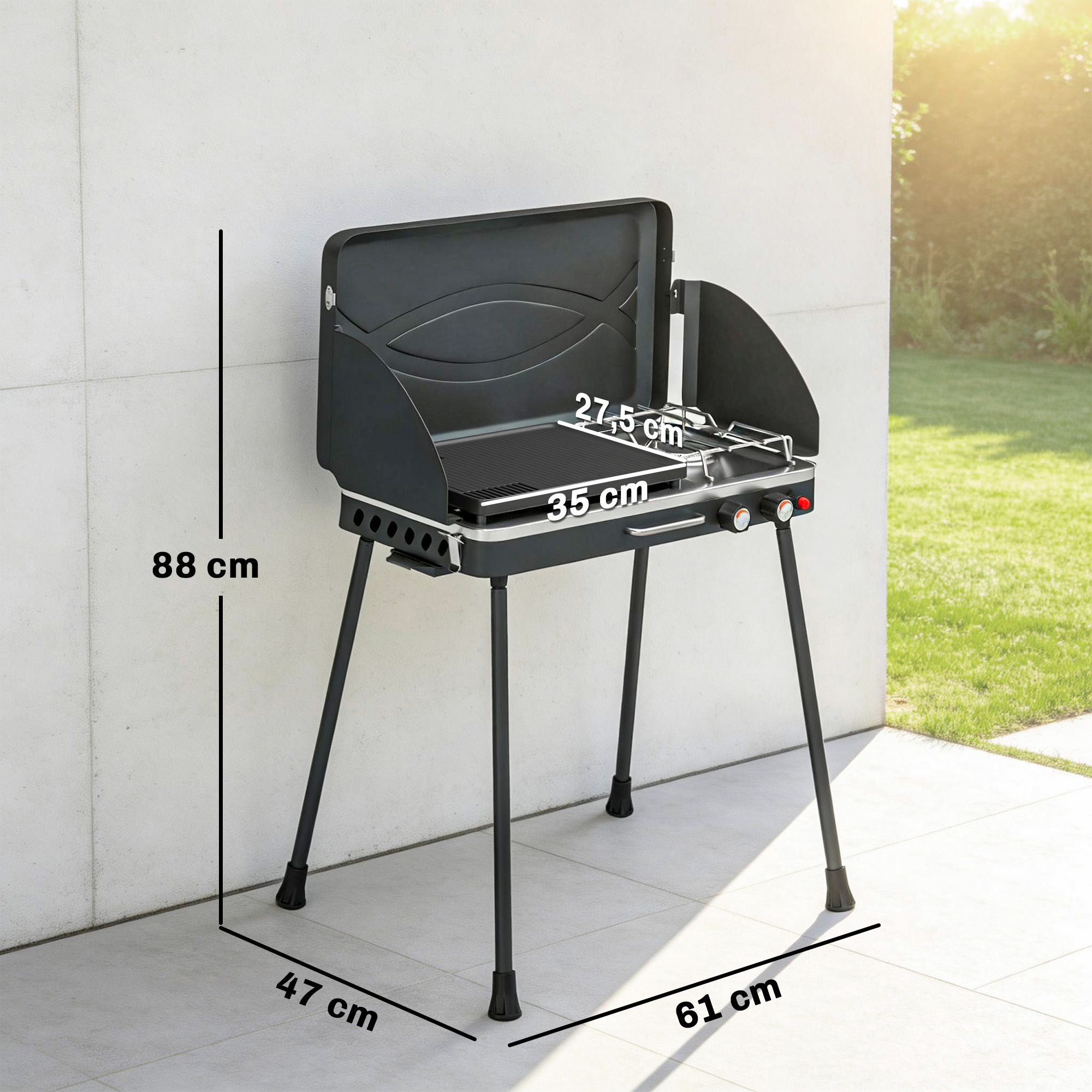 tragbarer Gasgrill 2 Brenner 7 kW 2-in-1 Tischgrill mit Braten klappbar Beinen Grillrost Windschutz Deckel Verschluss