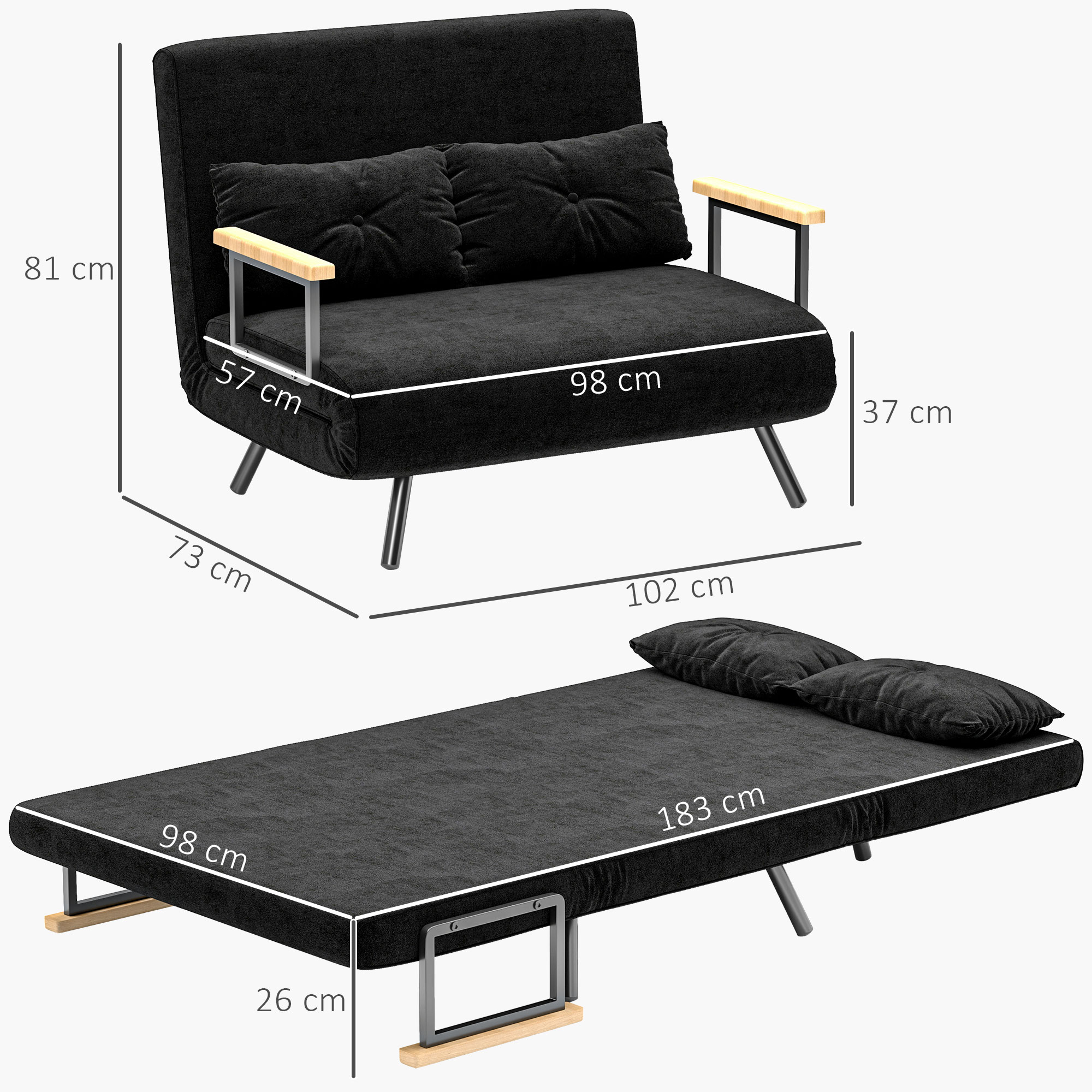 Schlafsofa 2er-Sofa Samtsofa, Schlaffunktion, inkl. 2 Kissen, Samtoptik, Schwarz