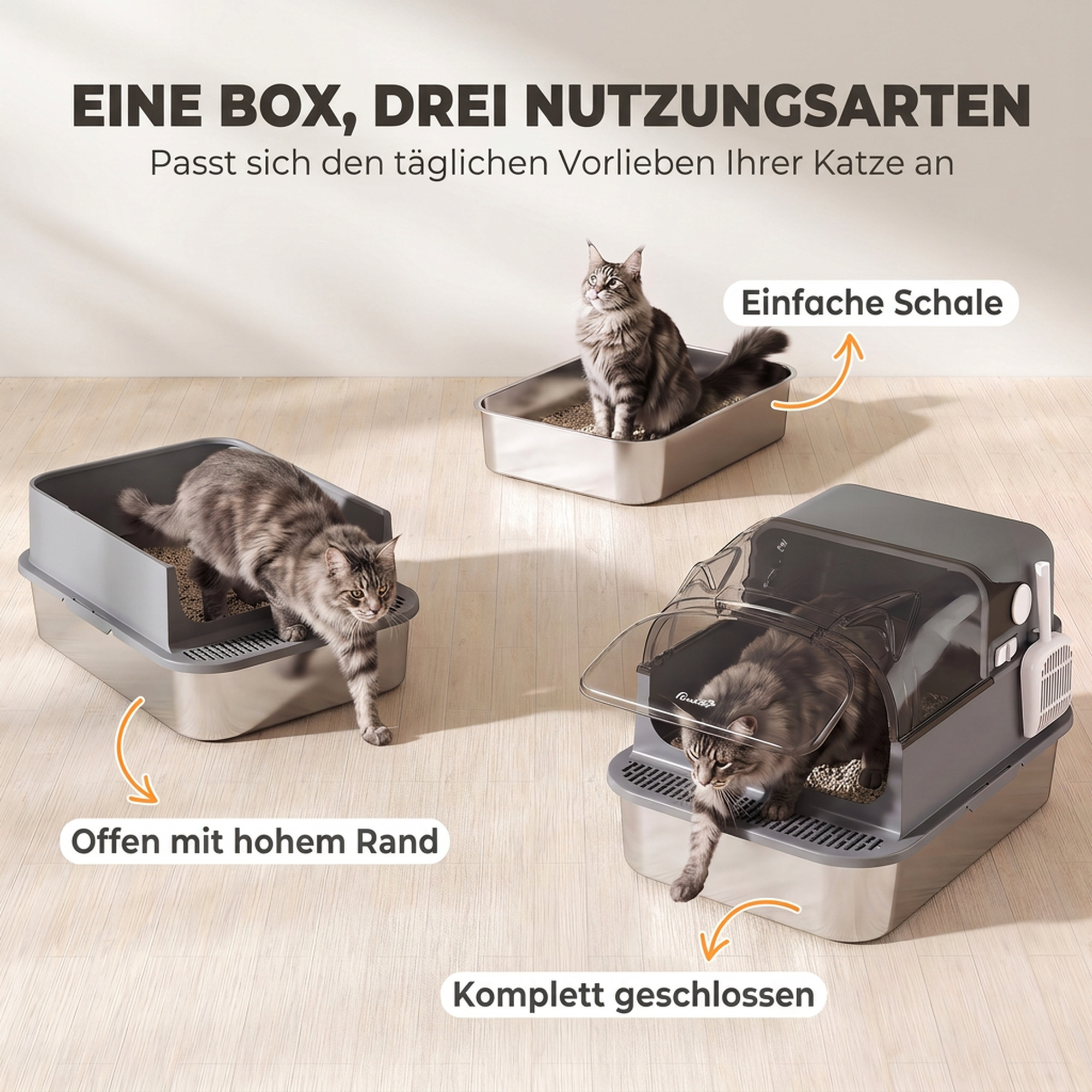 Katzenklo Edelstahl mit Abnehmbar Deckel XL 92L für große Katzen 3 in 1 mit Schaufel hoher Ränder