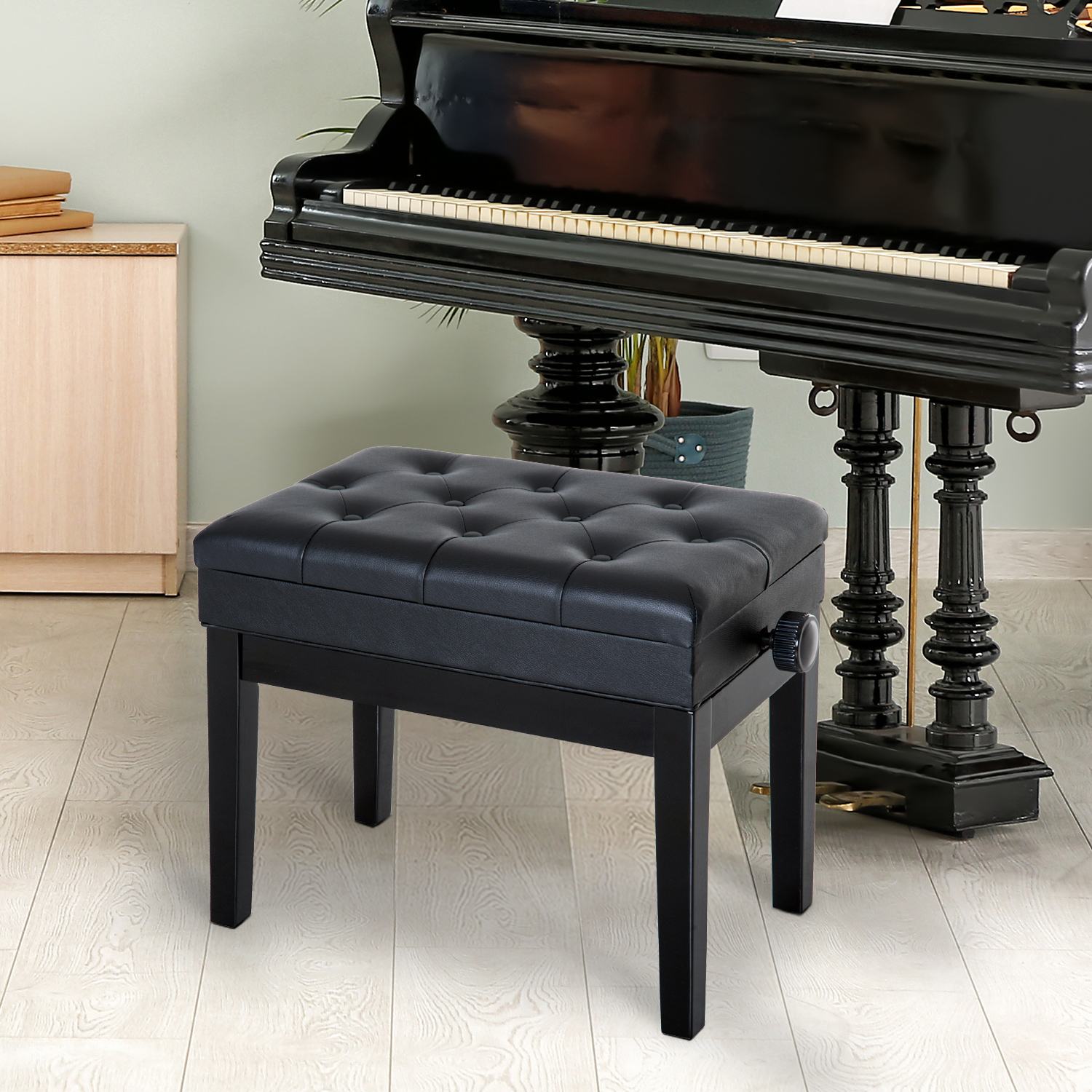Klavierbank Höhenverstellbar Sitzbank mit Stauraum, Holzbeine, Klavierhocker aus Kunstleder, für Musikzimmer, belastbar bis 200 kg, 54,5 x 33 x 48-58 cm, Schwarz