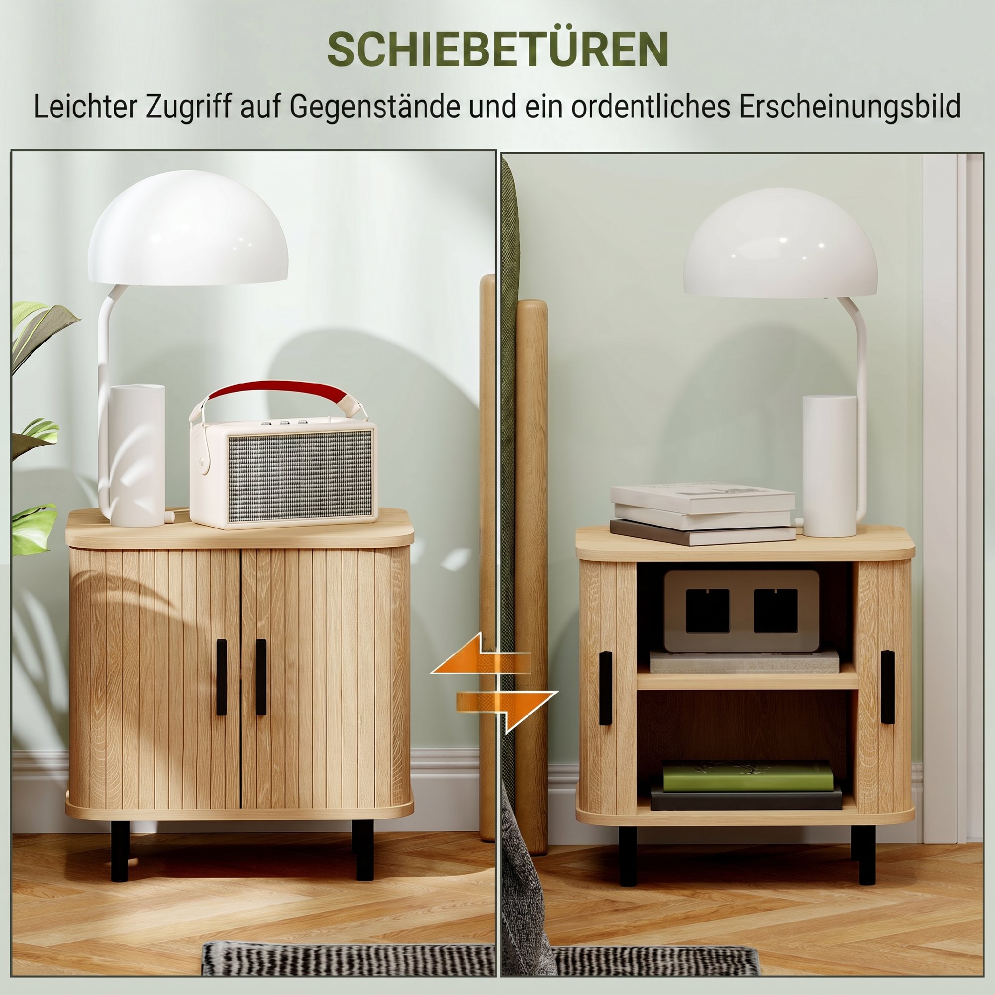 Nachttisch Beistelltisch mit Lamellentüren und Stahlbeinen, für Schlafzimmer und Wohnzimmer, Eiche