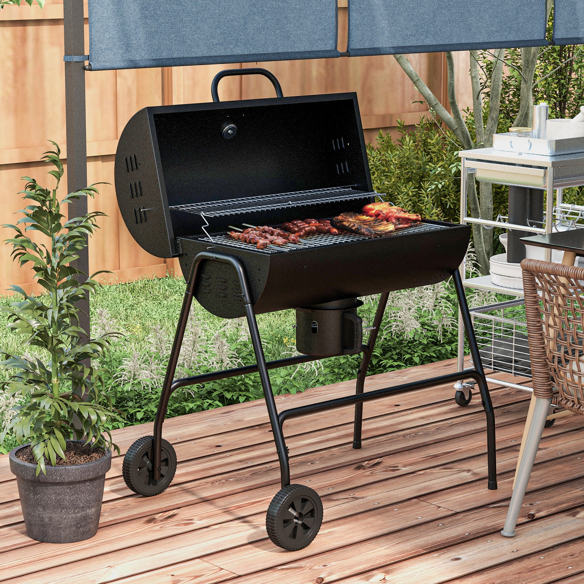 Holzkohlegrill aus Metall BBQ Smoker mit Deckel Thermometer Räder Grillwagen 95x71,5x102 cm Schwarz