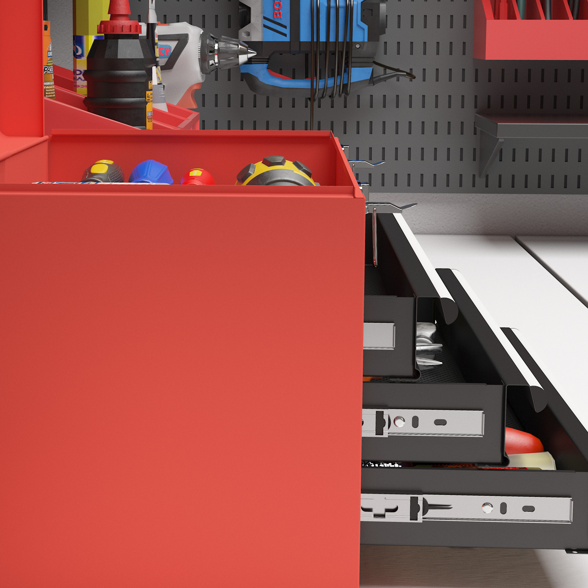 Werkzeugkiste mit 3 Schubladen, 1 Fach, stabile Stahlverschlüsse, 45 x 24 x 27 cm, Rot