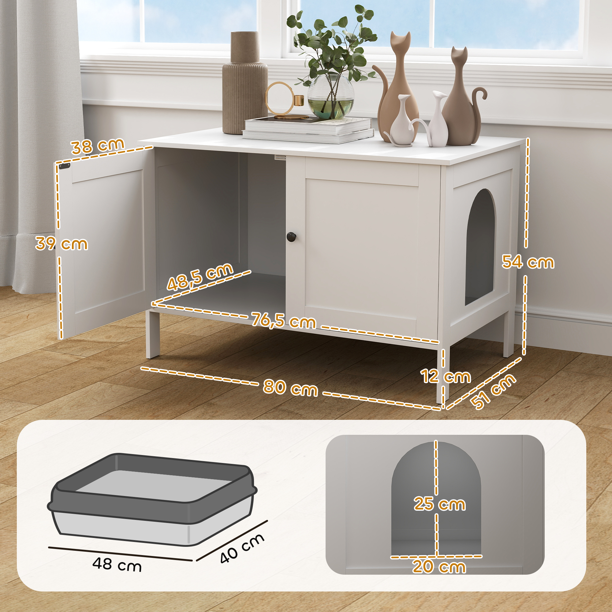 Katzenklo-Schrank Katzenhaus mit Tür Trennwand Katzentoilette für große Katzen 80 x 51 x 54 cm Weiß