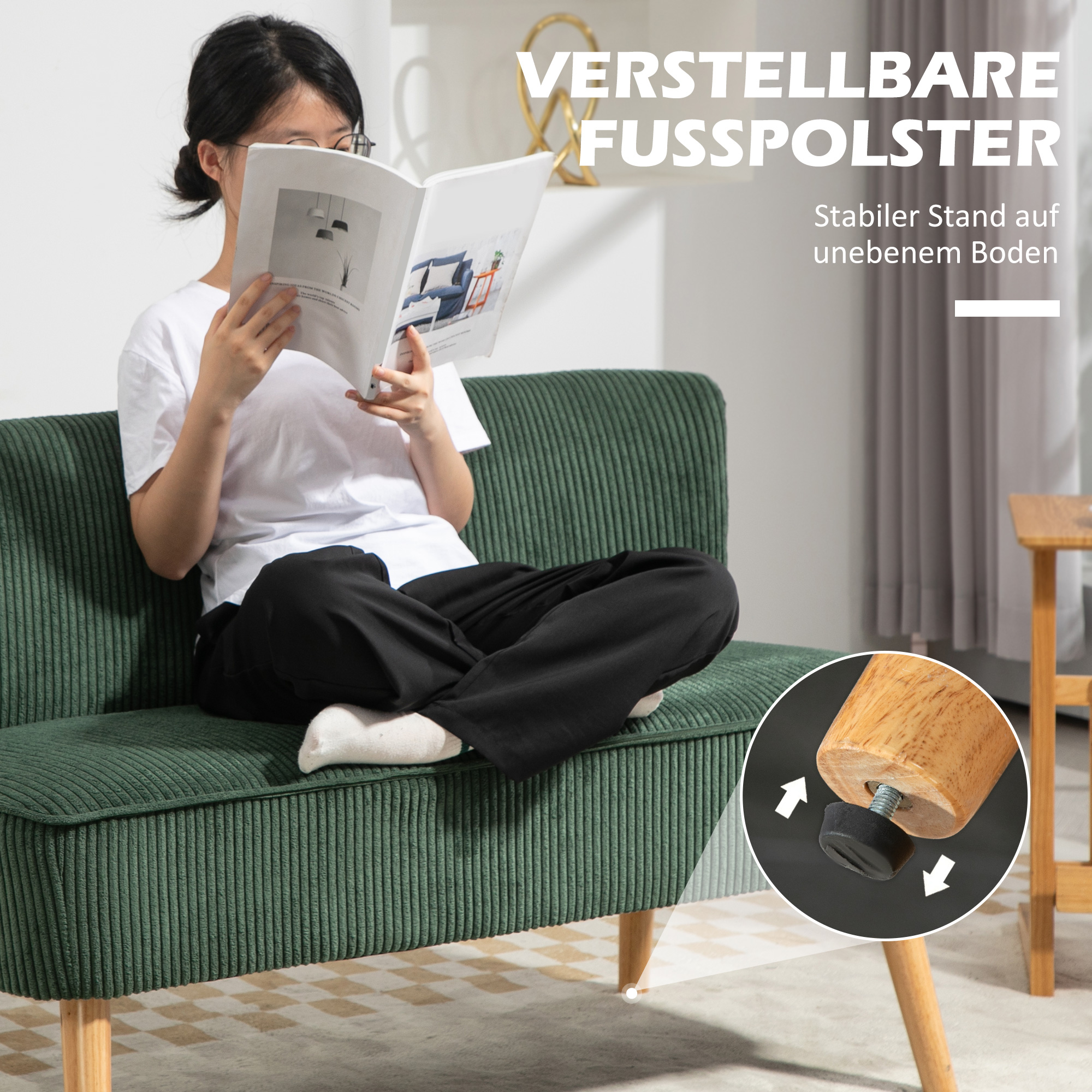 2-Sitzer Polstersofa, Holz, Samtartiges Polyester, Schaumstoff, 117 x 56,5 x 77 cm, Grün