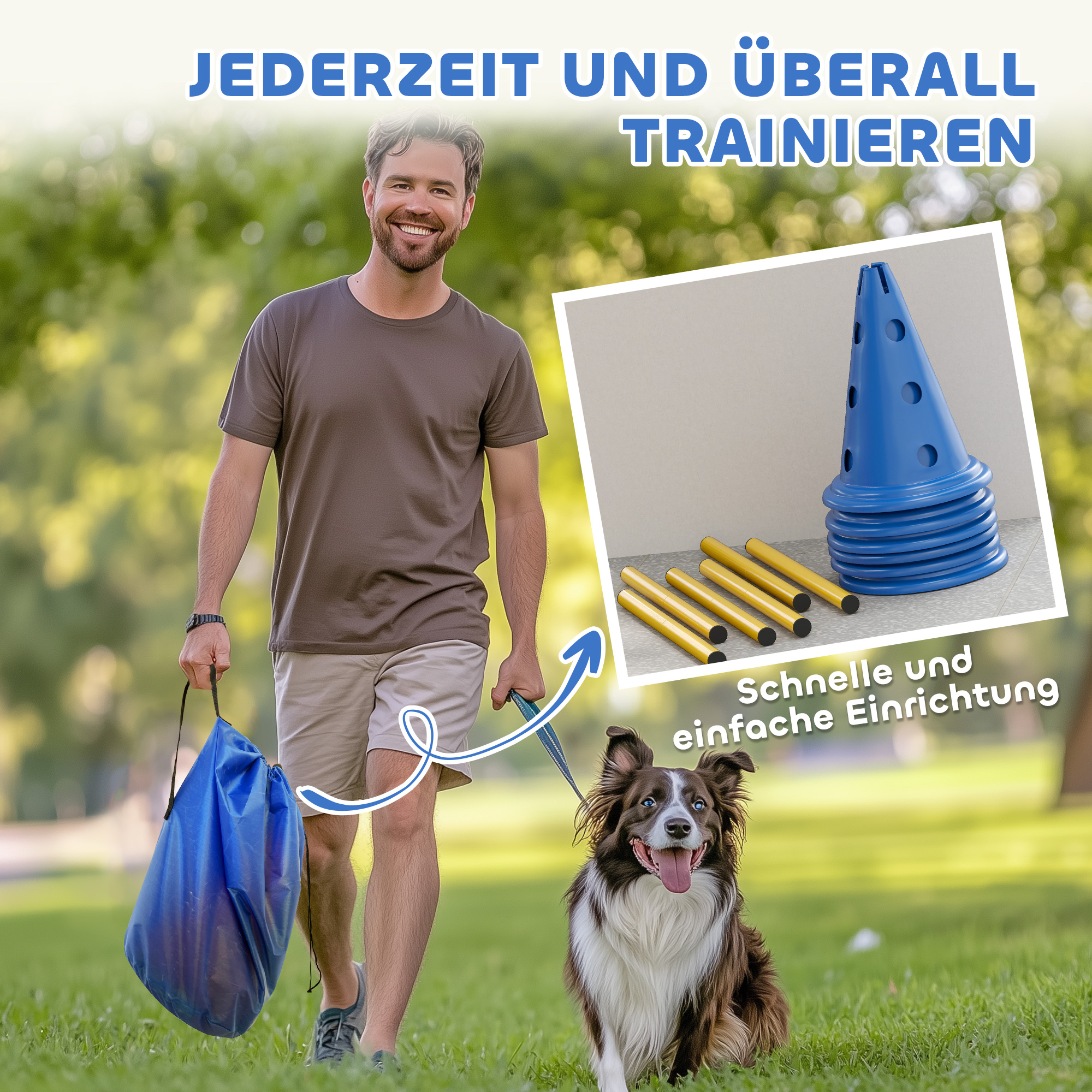Agility Set Hunde 3-teiliges Agility-Ausrüstung für Hundetraining Steckhürdenset mit 6 Kegel 3 Hürden Tragetasche