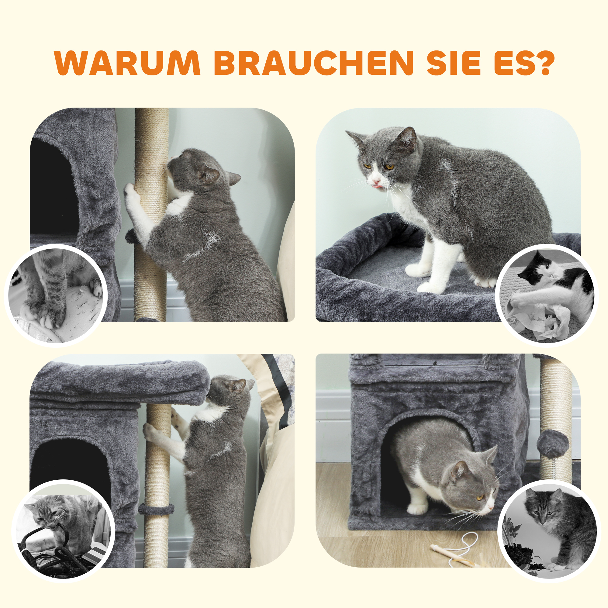 Katzenkratzbaum, Katzenturm, 2 Höhlen, Plattform, Sisalpfosten, kompakt, Dunkelgrau