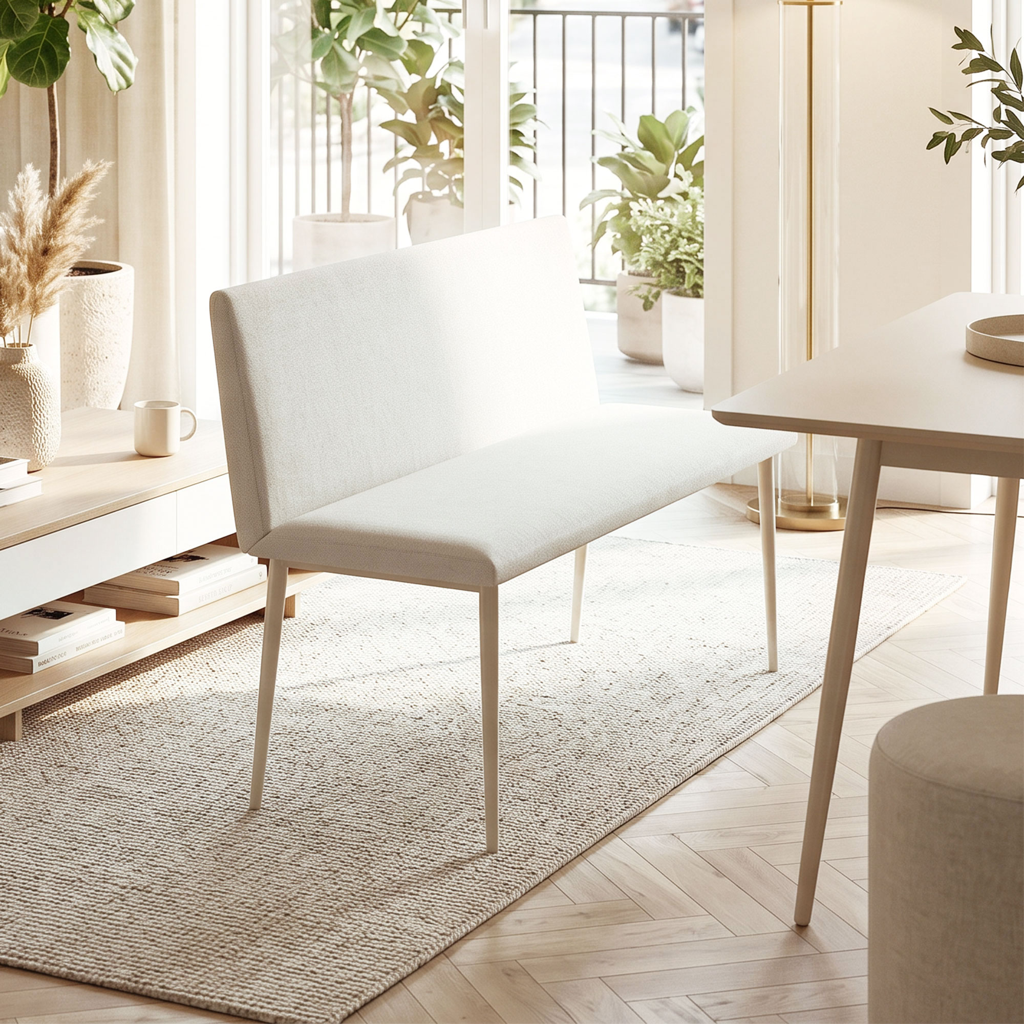 Esszimmerstuhl ohne Armlehnen, Stoff in Leinenoptik, Küchenstuhl mit Rückenlehne und Metallbeinen, für Wohnzimmer, Creme
