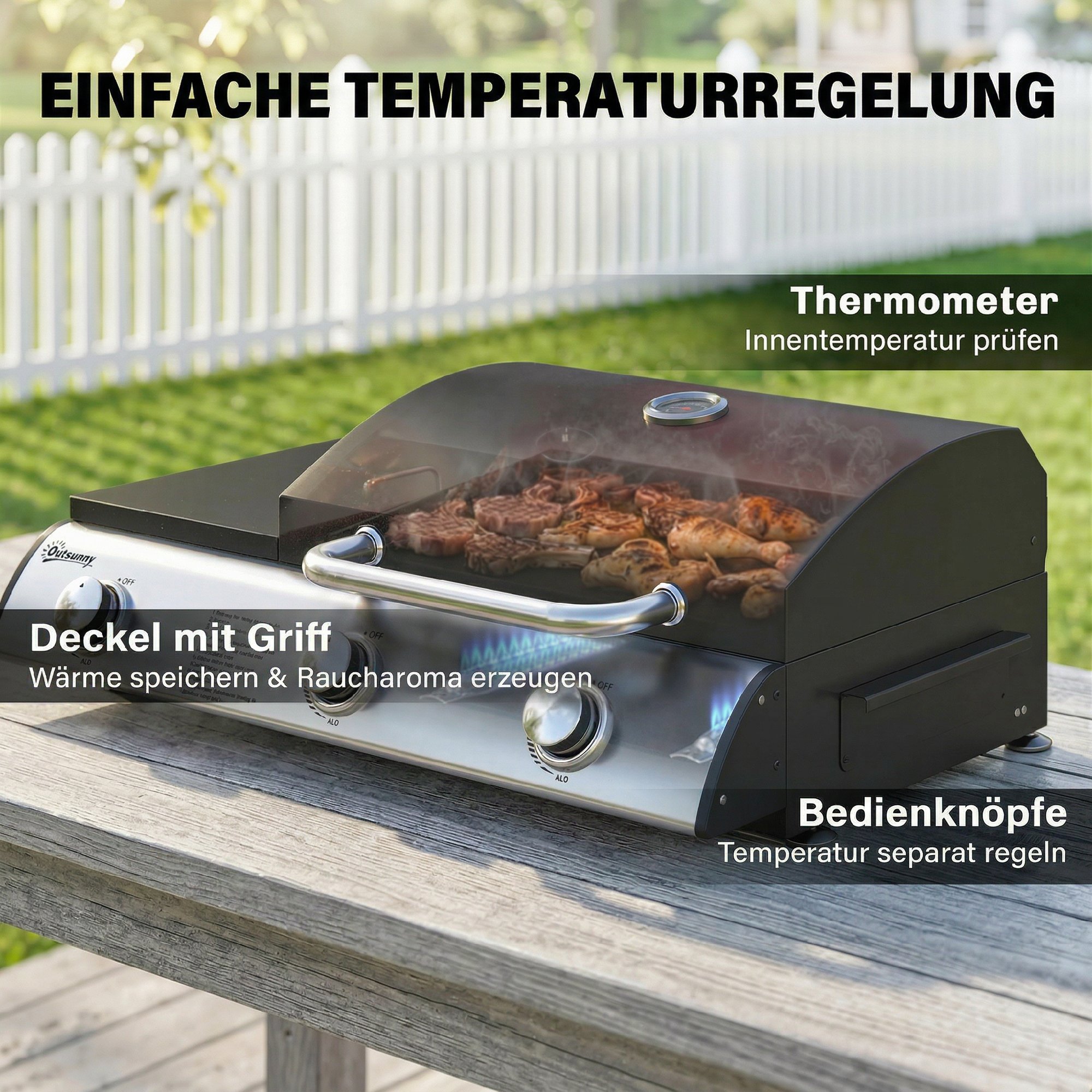 Gasgrill 7,5 KW Tragbarer Tischgrill mit 3 Brenner Seitentisch Bratenplatte Emaille-Grillroste Fettauffangschale