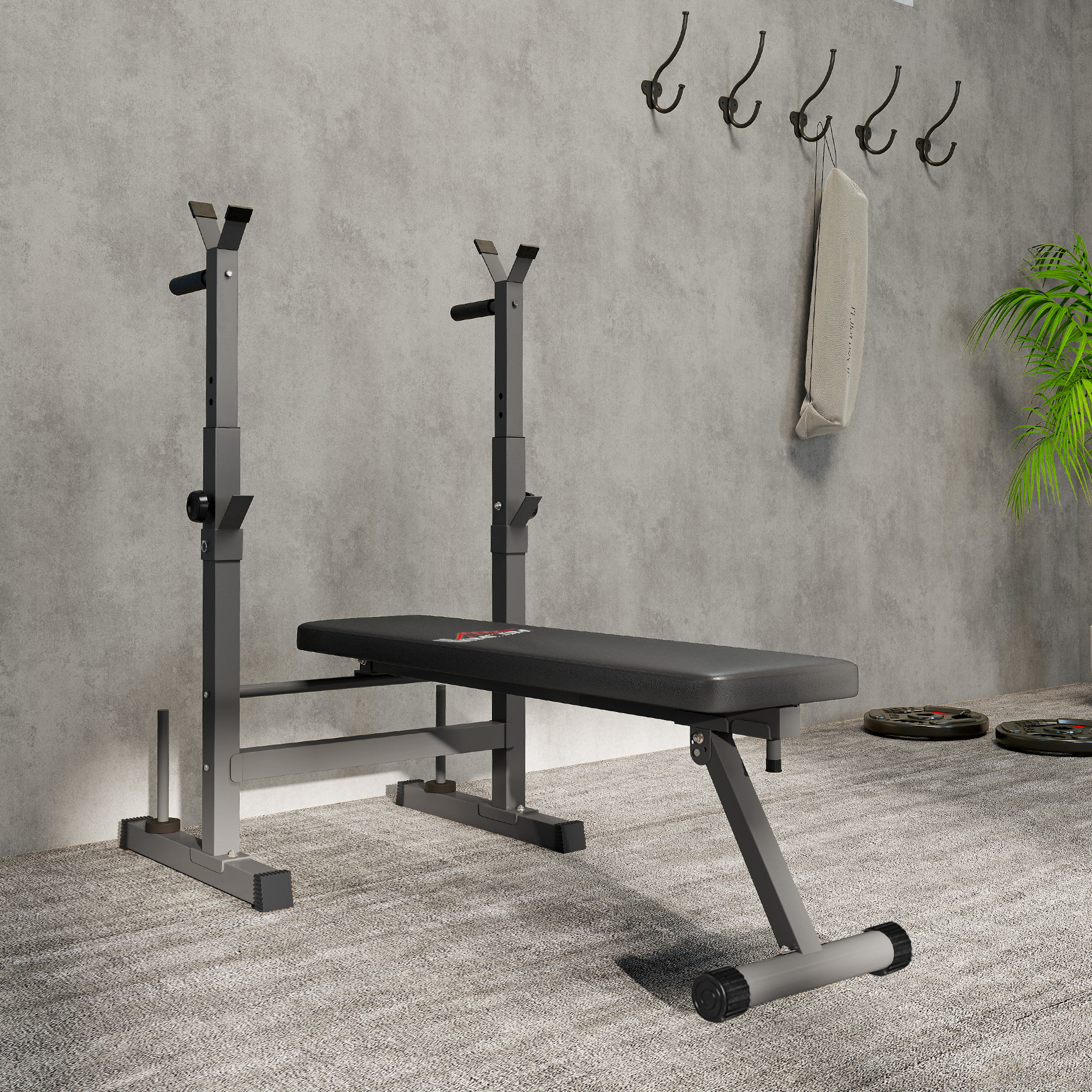 Hantelbank, 8 Positionen, klappbar, Stahlbasis, gepolstert, Kunstleder, 98-122H x 140L x 73B cm, Schwarz/Grau