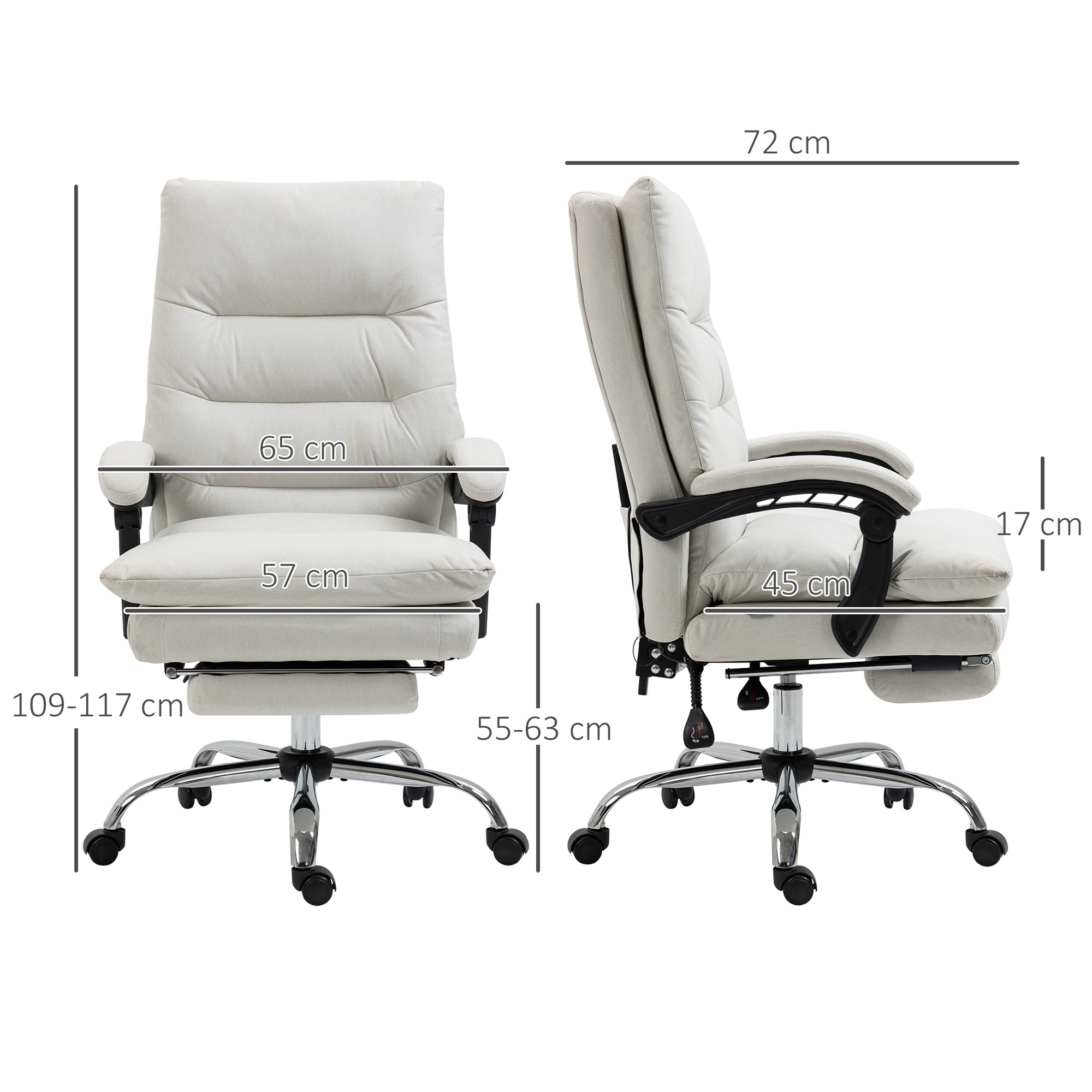 Bürostuhl mit Massagefunktion, beheizbar, neigbar, Kunstleder, 65x72x109-117cm, Cremeweiß