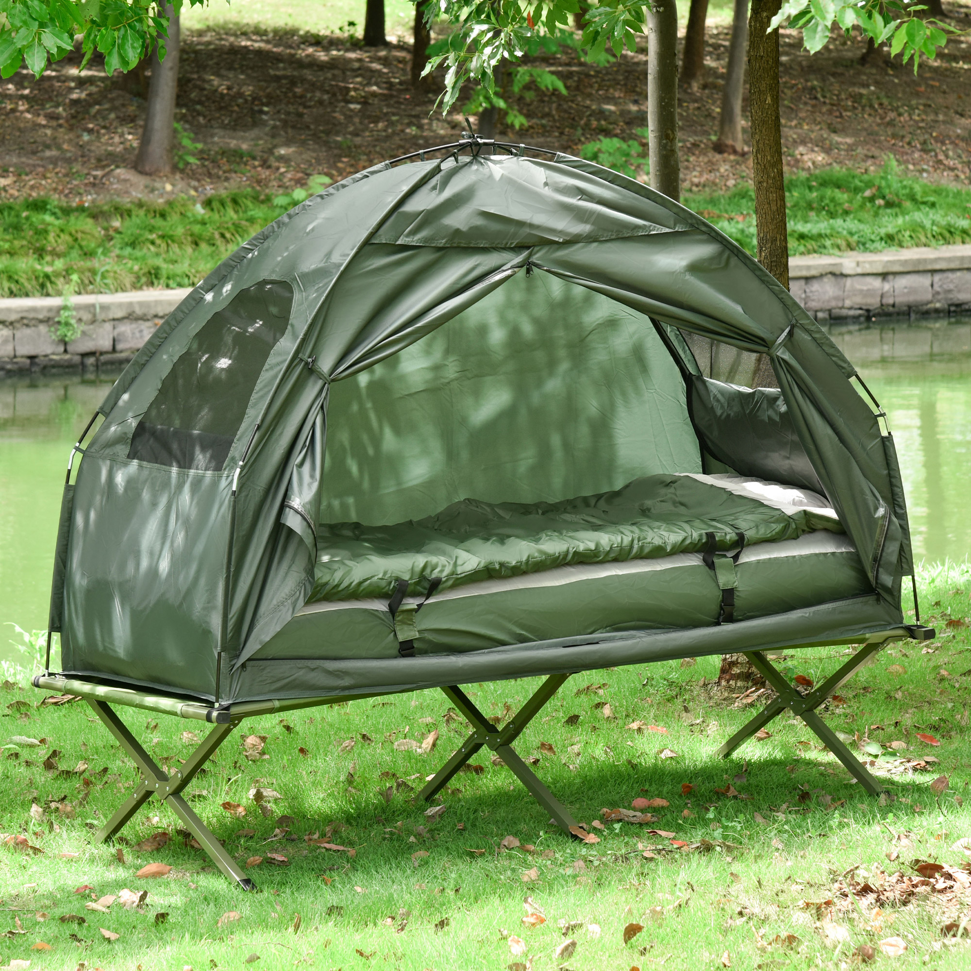 Campingzelt-Set mit Feldbett, Schlafsack und Matratze Dunkelgrün