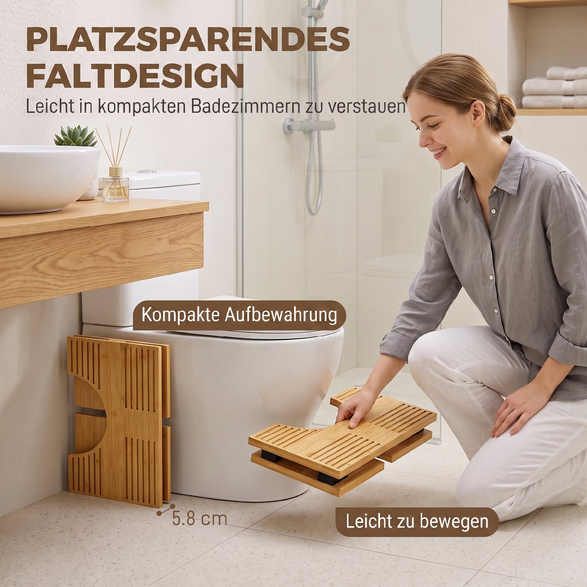 Toilettenhocker Bambus klappbar Badezimmer Hocker Badhocker Rutschfest Klohocker für Erwachsene Zuhause, Eiche