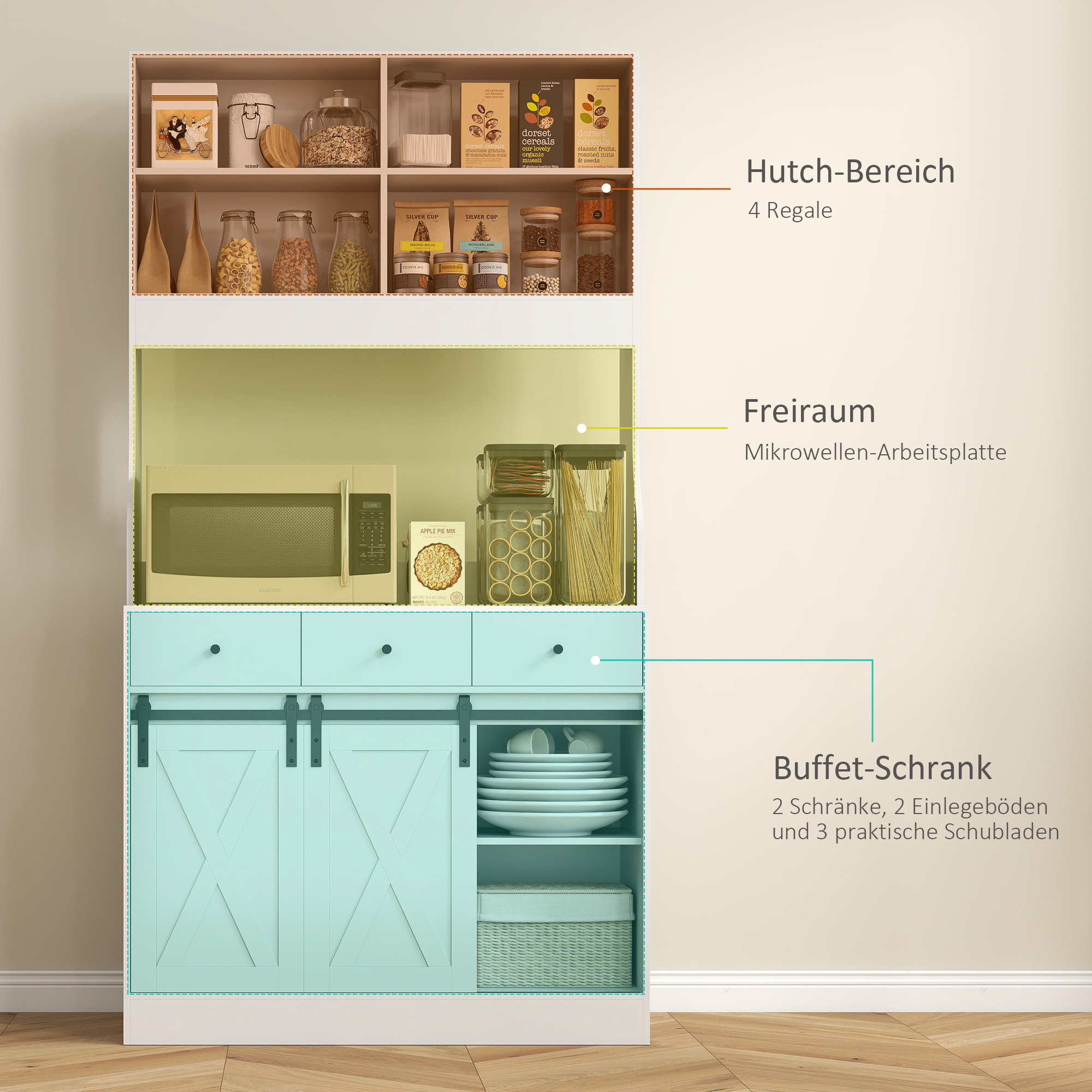 Küchenschrank mit Regalen, Schränken, Schubladen und Ablagefläche, Bauernhaus-Flair, verstellbare Regale, Holz, Weiß