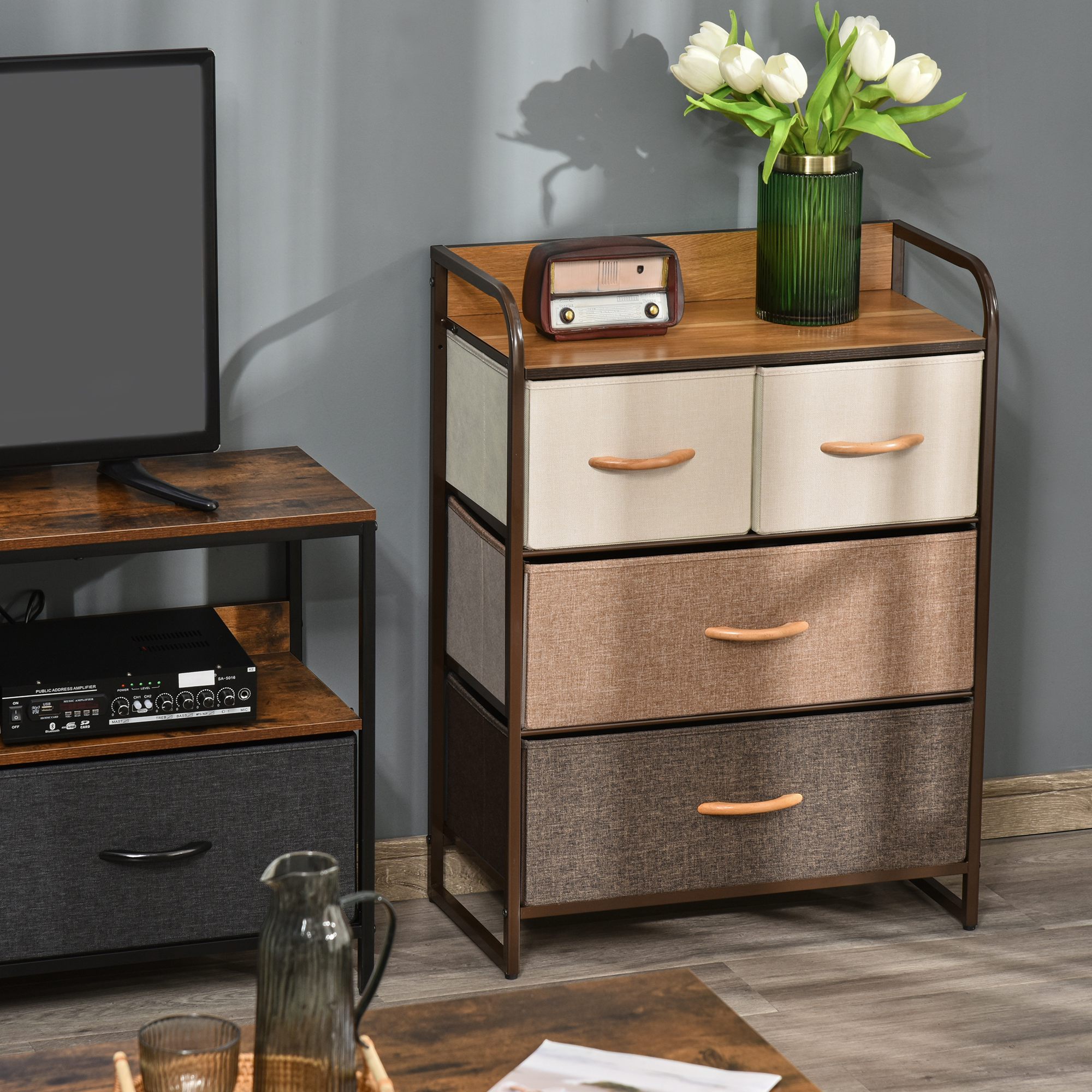 Kommode Schrank mit 4 Schubladen aus Leinen Aufbewahrungsschrank mit Metallrahmen für Schlafzimmer, Wohnzimmer