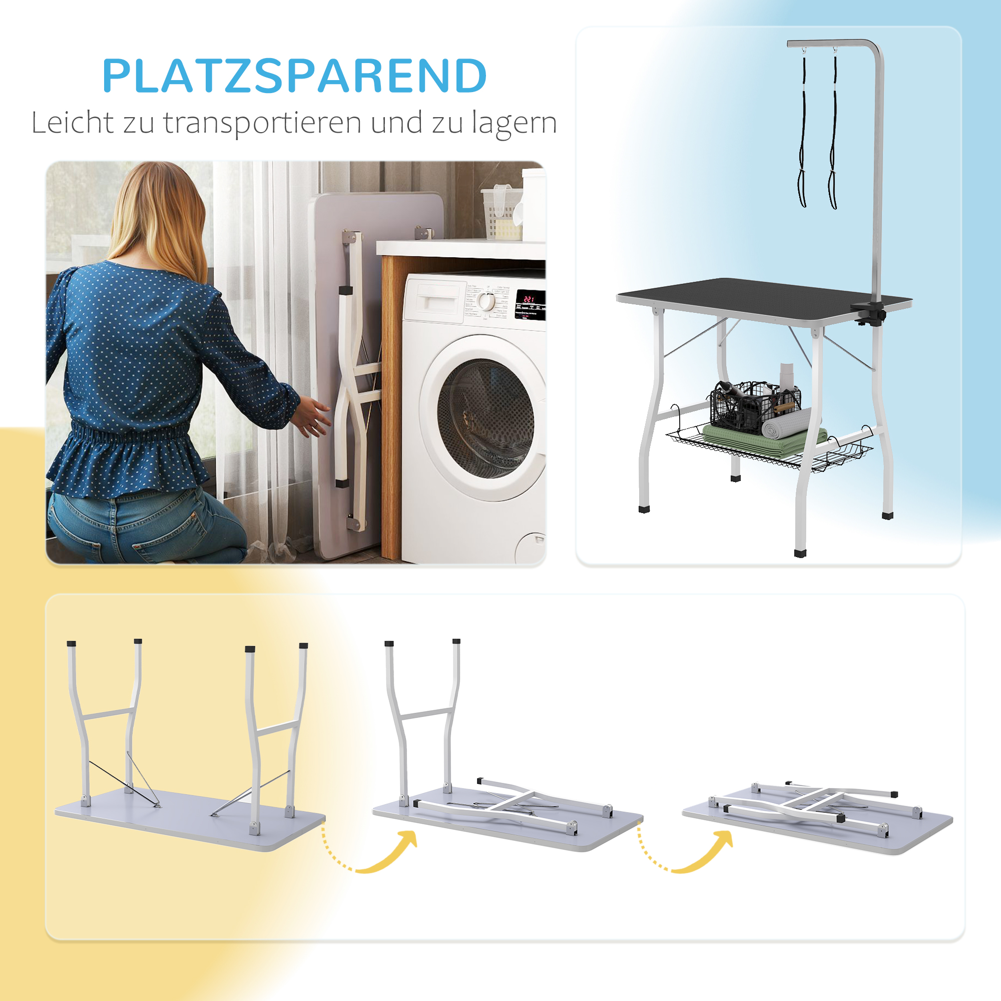 Hundepflegetisch, Frisiertisch mit einstellbarem Arm, Aufbewahrungsfach, Gummioberfläche, 90 x 60 x 76 cm, Schwarz