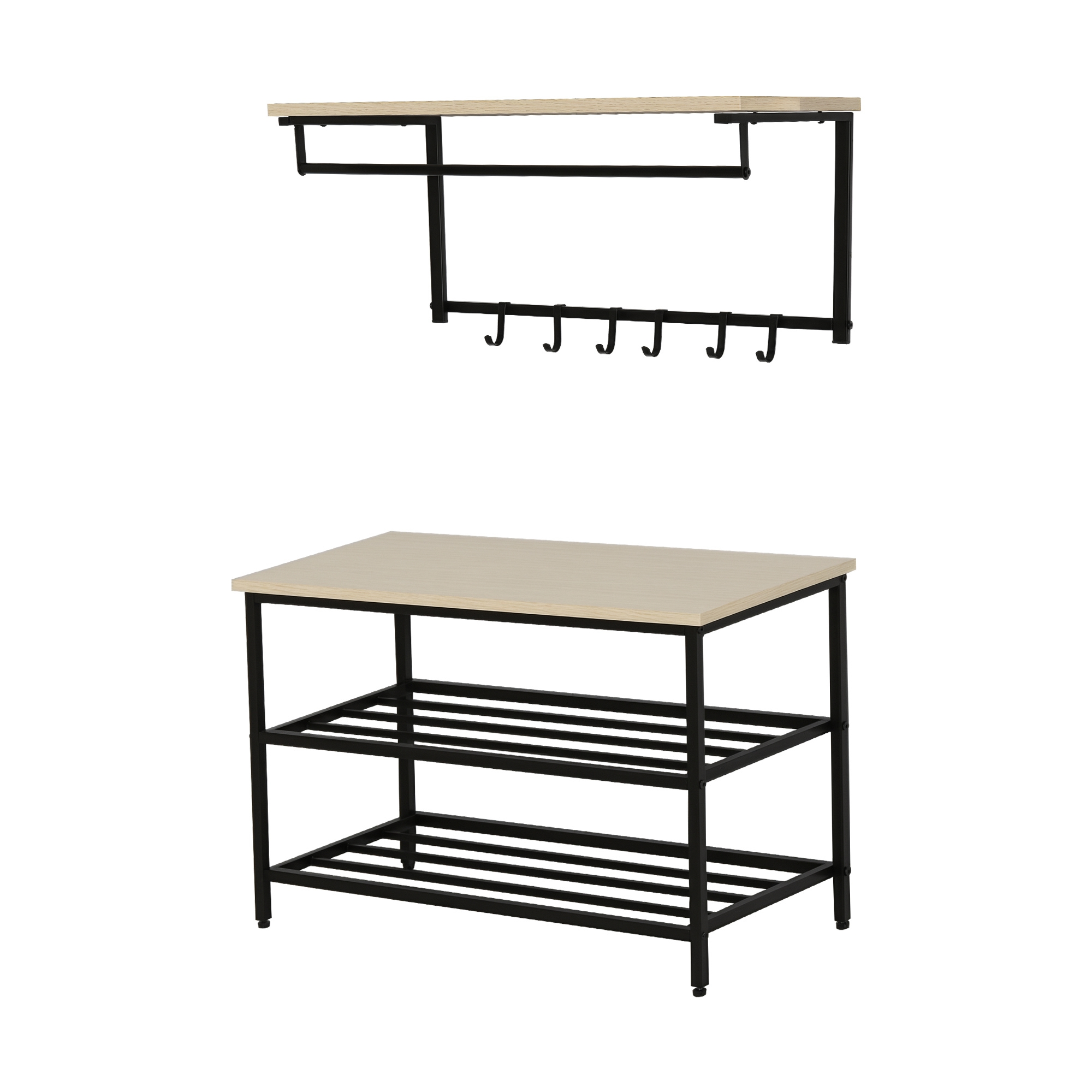 2-in-1 Garderobenset Flurgaderobe mit Sitzbank Wandgarderobe für Eingangsbereich, 6 Haken, Natur+Schwarz, 75 x 30 x 45 cm(Sitzbank) 2-in-1 Garderobenset Flurgaderobe mit Sitzbank Wandgarderobe für Eingangsbereich, 6 Haken, Natur+Schwarz, 75 x 30 x 45 cm(Sitzbank)