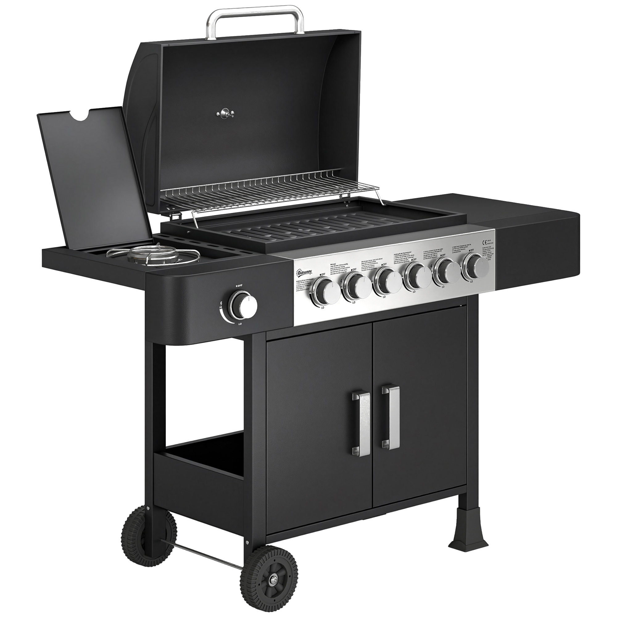 Gasgrill 17,8 KW 6+1 Brenner BBQ Grillwagen aus Edelstahl inkl Rolle Seitenbrenner Thermometer Emaille-Grillrost
