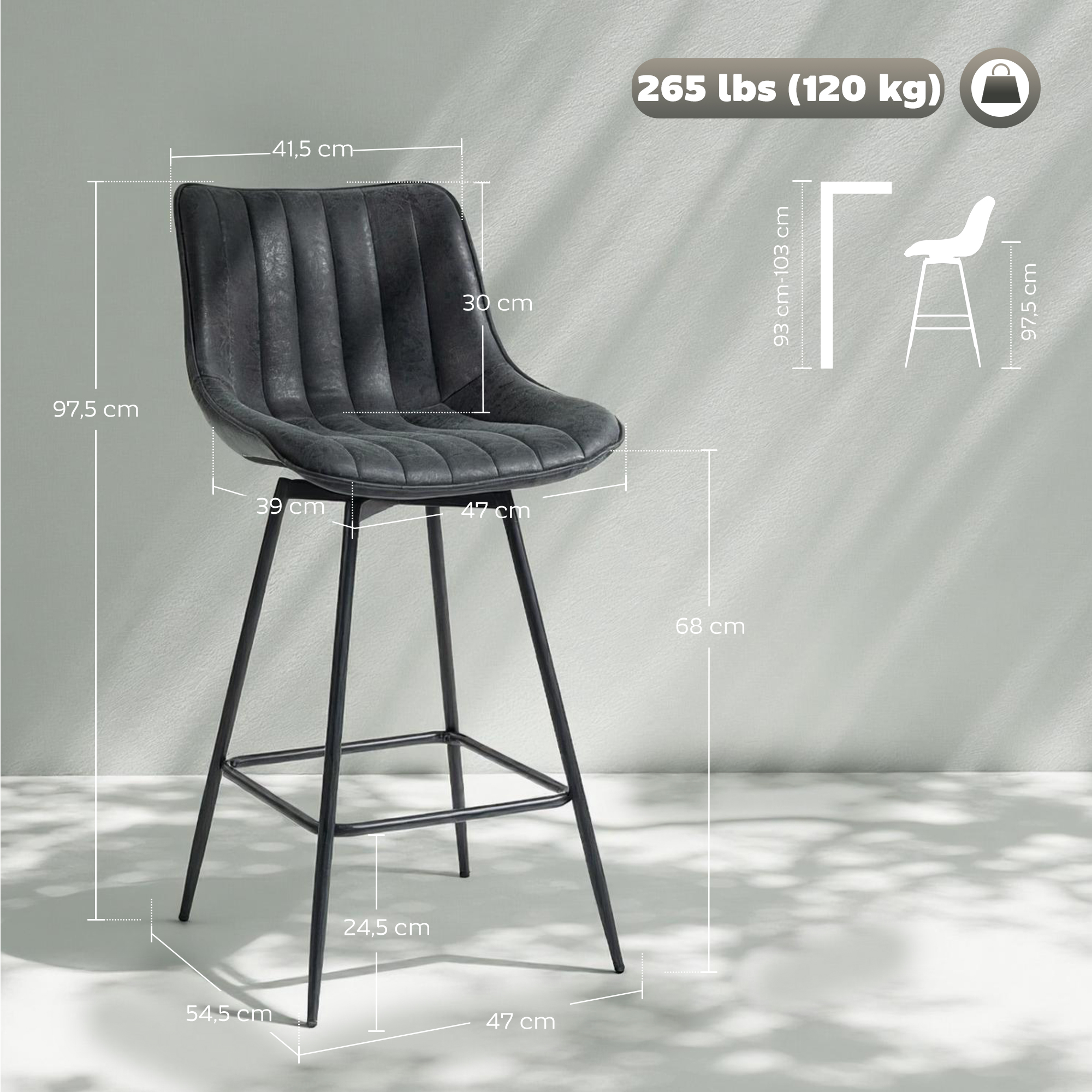 Barhocker Set aus 2, 68 cm drehbare Tresenhocker mit Rückenlehne für Kücheninsel, Esszimmer, Schwarz