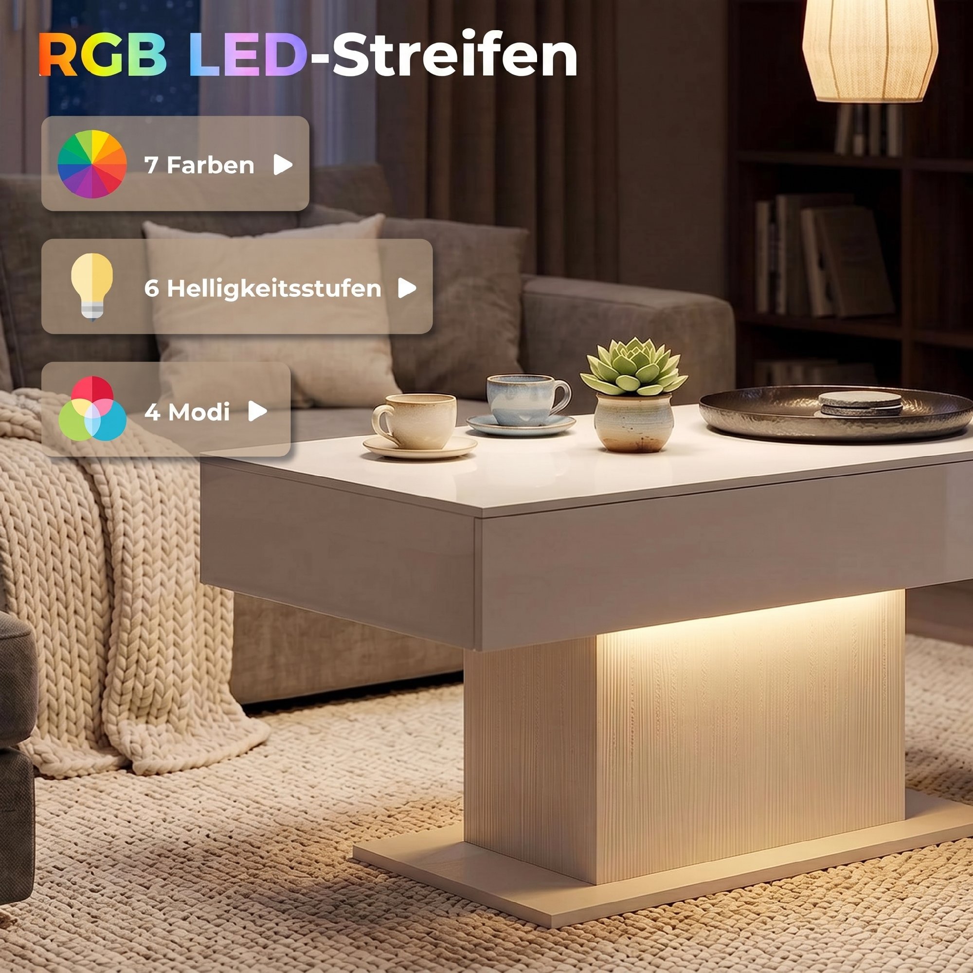 LED Couchtisch mit Stauraum, Hochglanz, Modern, 2 Schubladen & Fernbedienung, Weiß