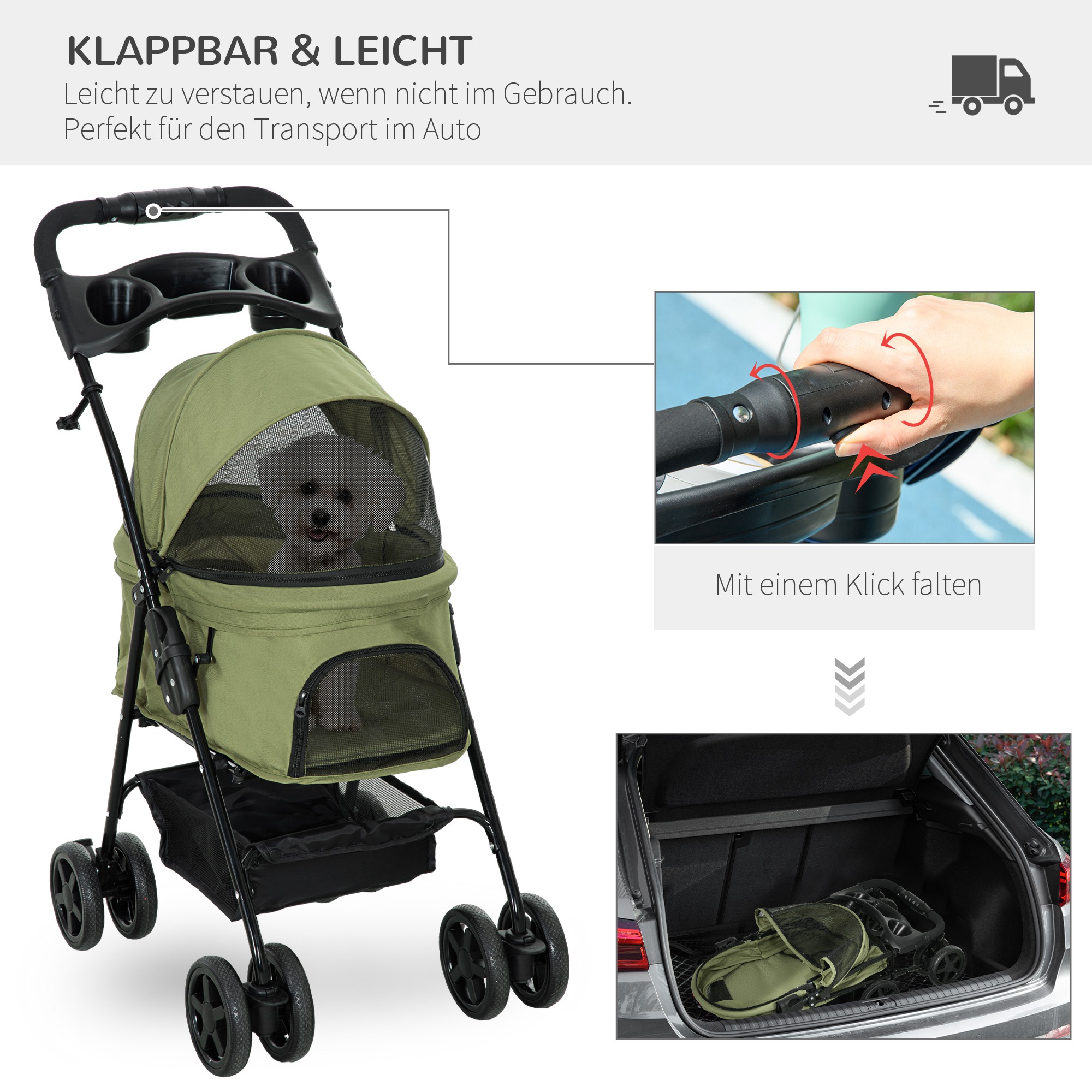 Hundewagen Hundebuggy, klappbar, 2 Sicherheitsleinen, 2 Becherhalter,  67 x 45 x 96 cm, Khaki