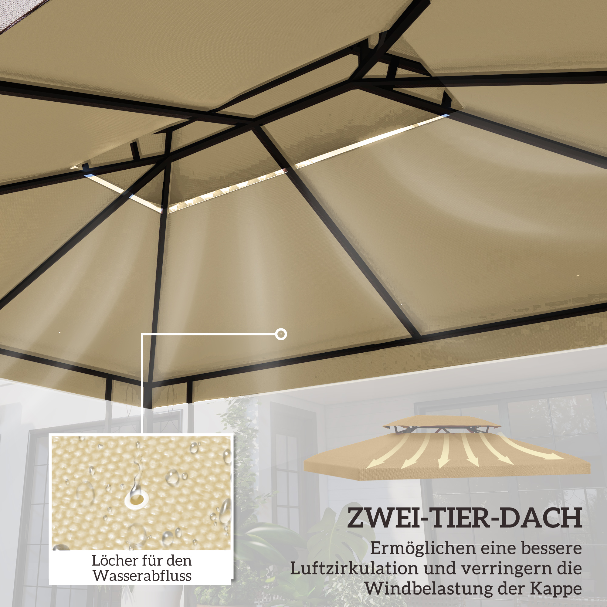 Ersatzdach für Pavillon 3 x 4 m wasserabweisend Pavillondach mit Doppeldach Beige