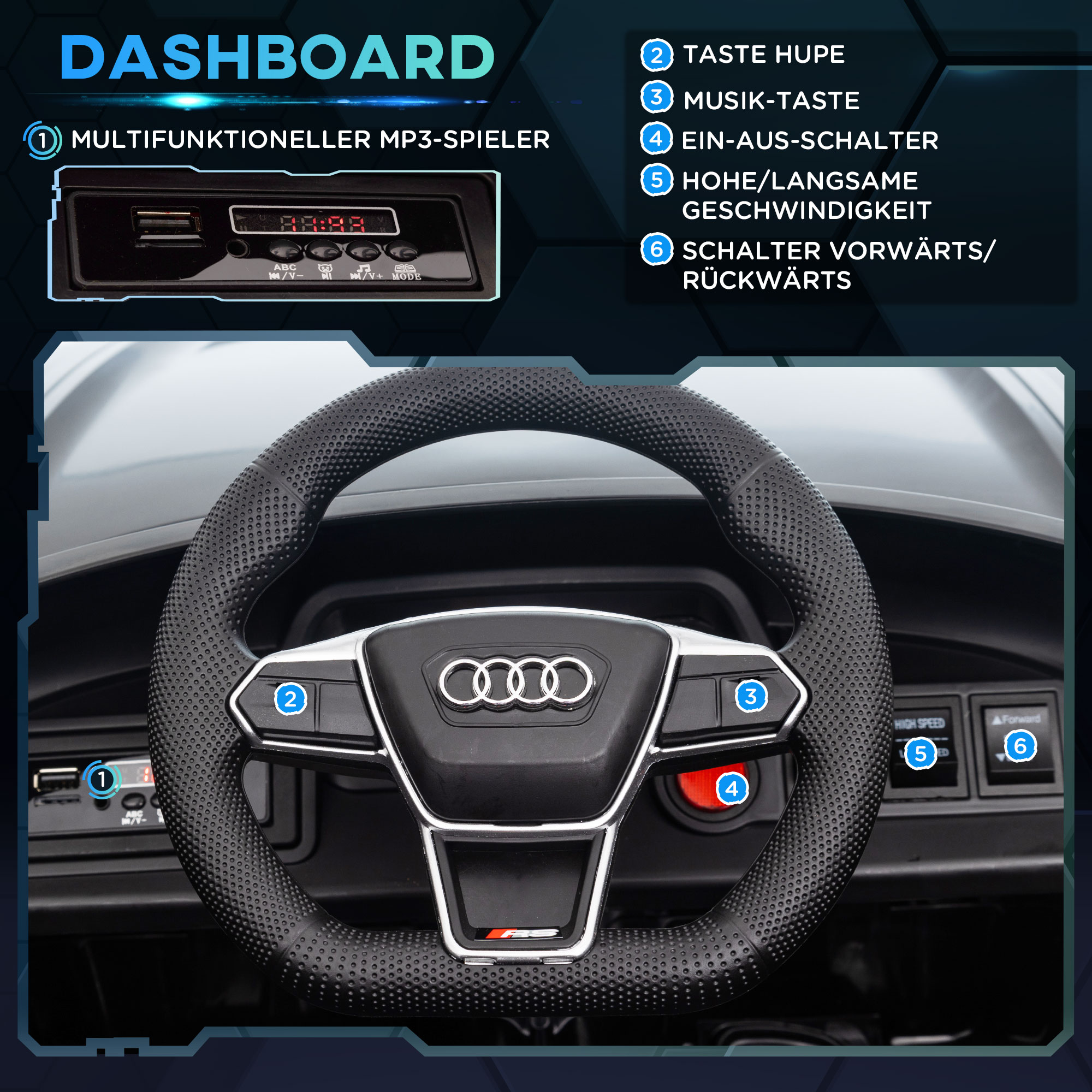 Kinderauto, Elektroauto, Audi, mit Sicherheitsgurt, Fernbedienung, Licht, schwarz, 103 x 58 x 41cm