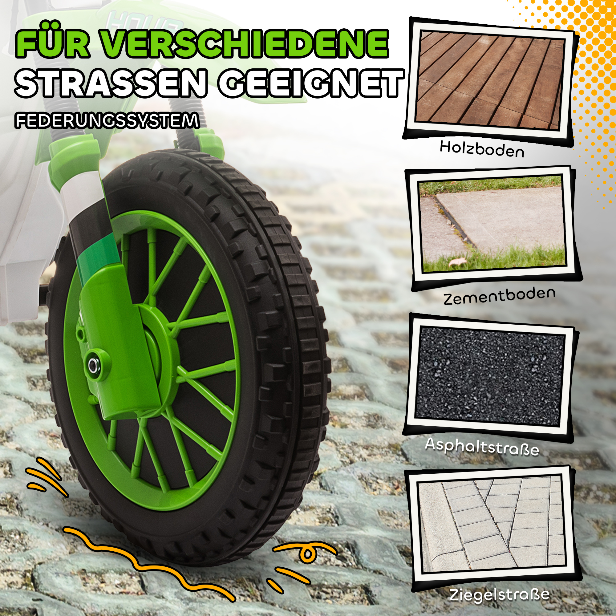 Kindermotorrad, Elektromotorrad, 45 Min Fahrzeit, mit Stützrädern, ab 3 Jahren, grün+weiß, 106,5 x 51,5 x 68cm