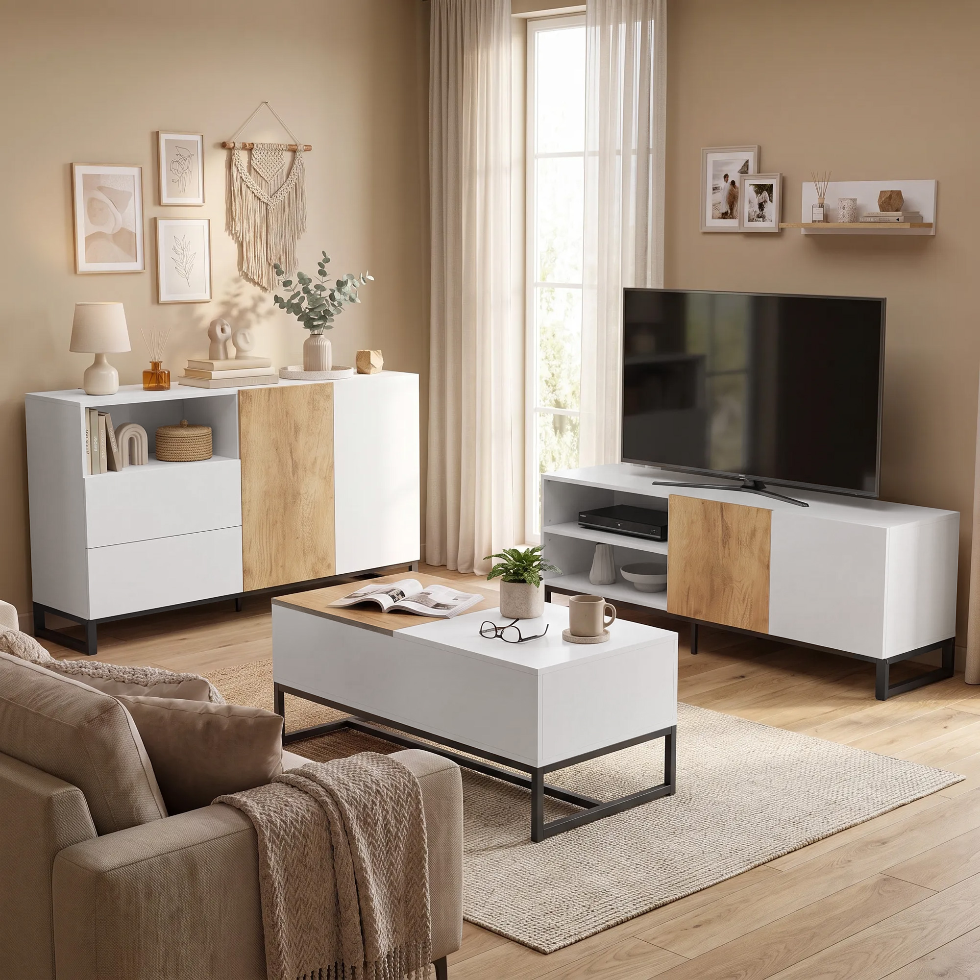 Sideboard Moderner Aufbewahrungsschrank mit 2 Soft-Close-Türen und 2 Schubladen 140x40x85 cm, Weiß