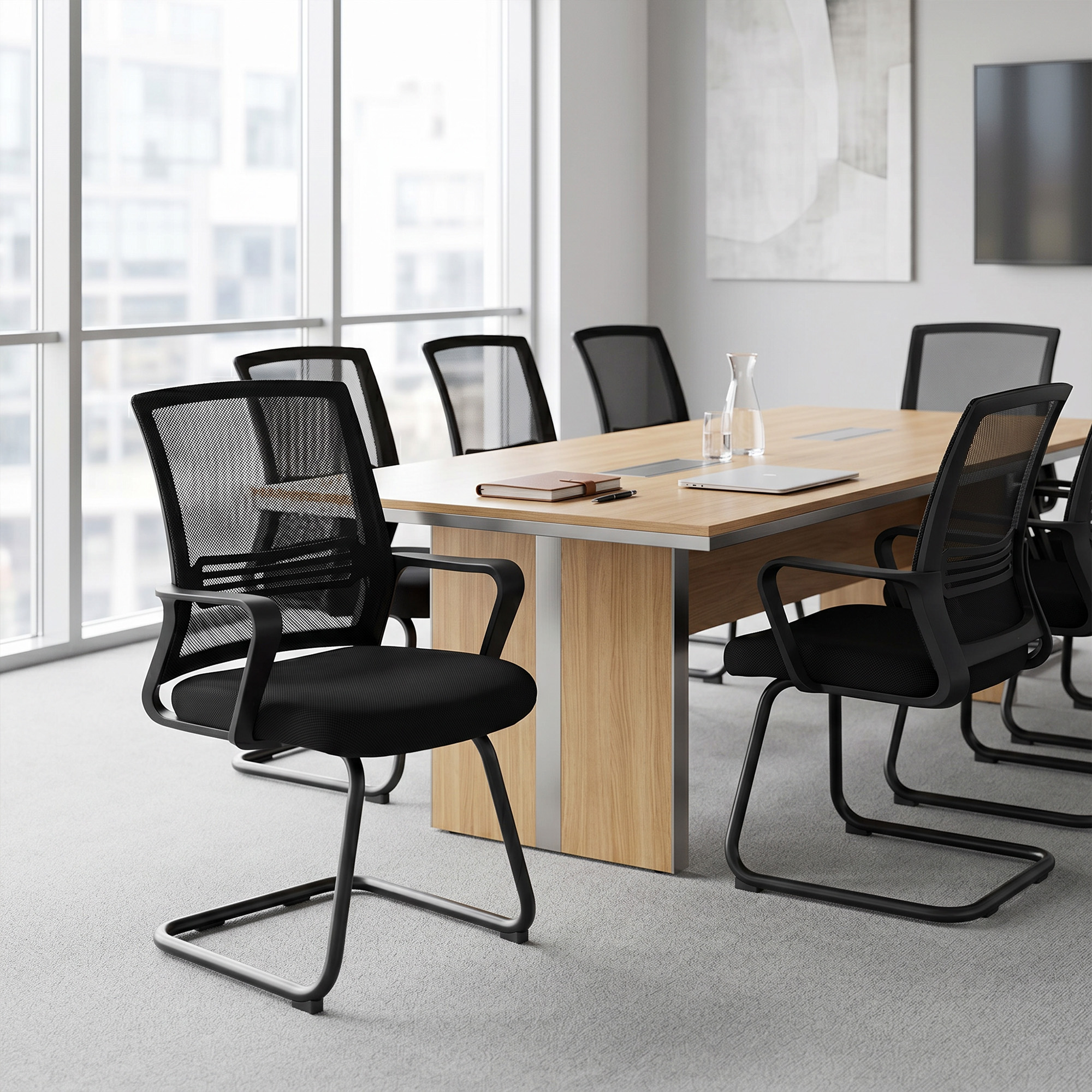 2er-Set ergonomische Schreibtischstühle ohne Rollen, gepolsterte Konferenzstühle mit Kufengestell für Wartezimmer und Empfang, Schwarz
