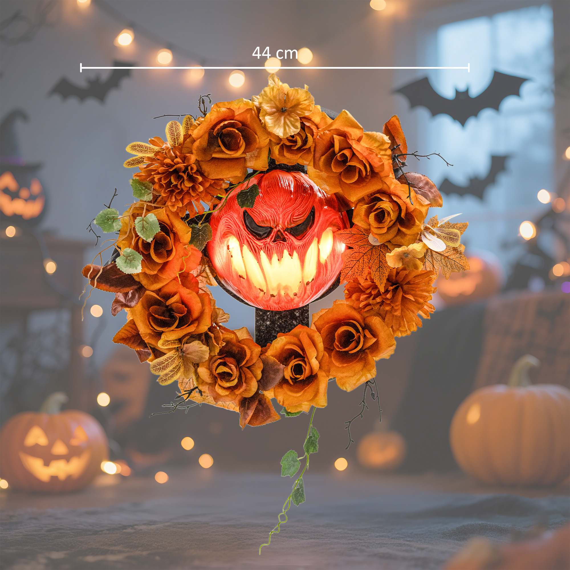 Halloween-Kranz, Grusel-Kürbis-Design, Herbstblätter, Lichteffekte, Kunststoff