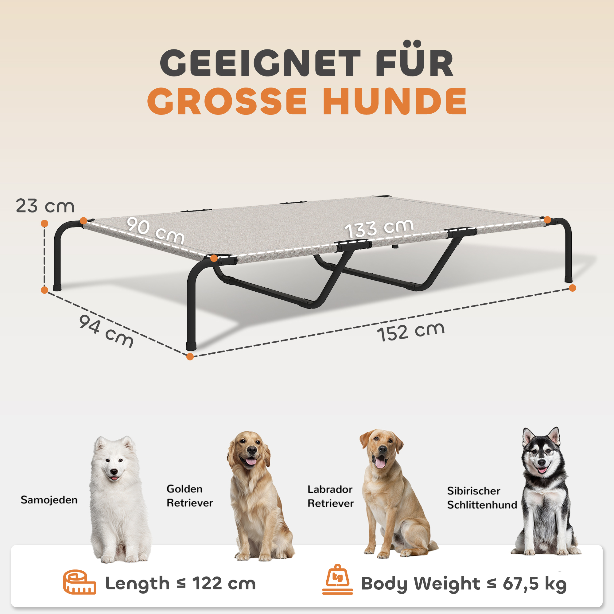 Hundeliege Outdoor, erhöhtes Hundebett für große Hunde, mit Stahlrahmen, atmungsaktiv Netzgewebe, 152x94x23 cm, Beige