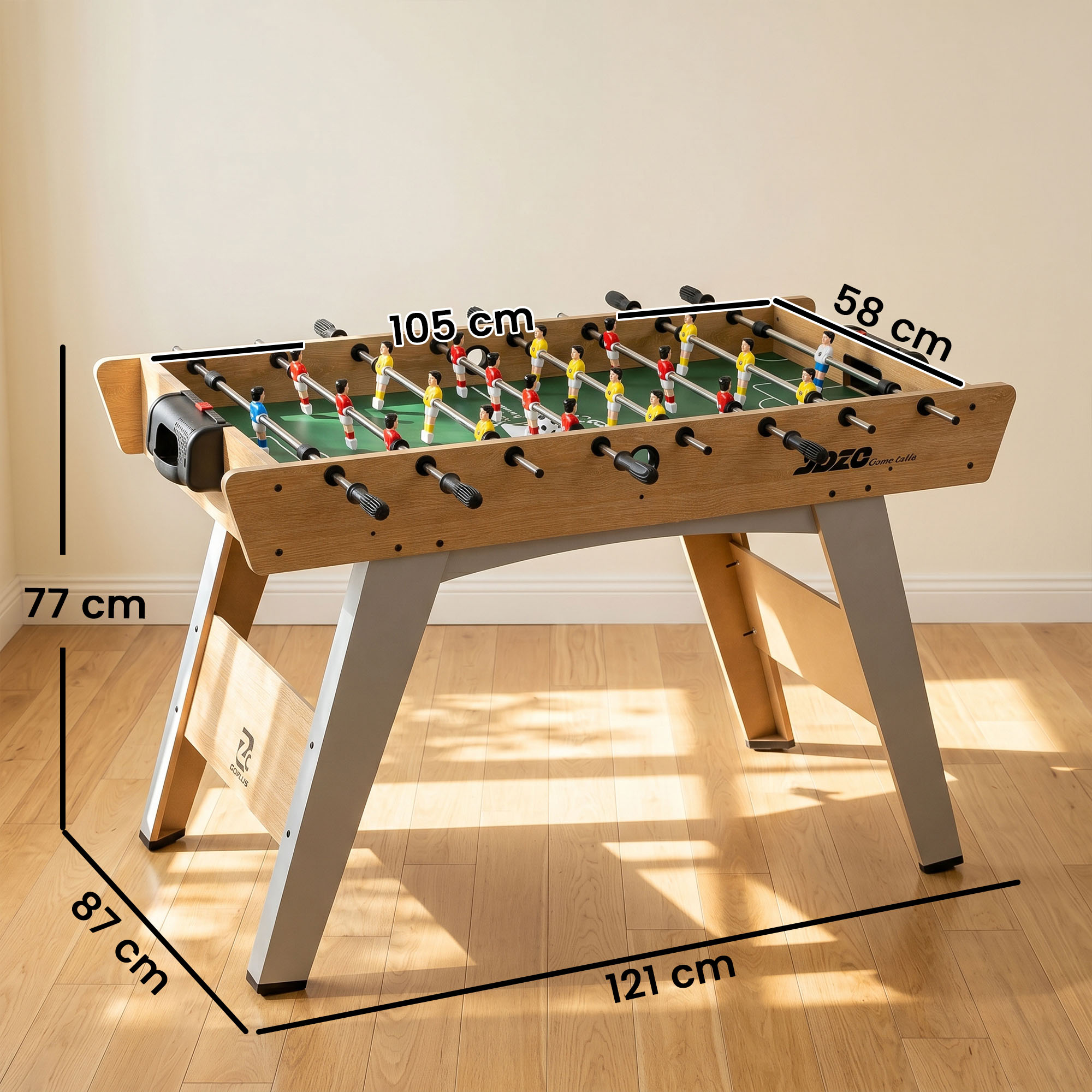 Tischkicker Kickertisch inkl 22 Kicker 2 Bälle Rutschfest Griffe Punktezähler Schräge Beine 121x87x77cm Naturholz